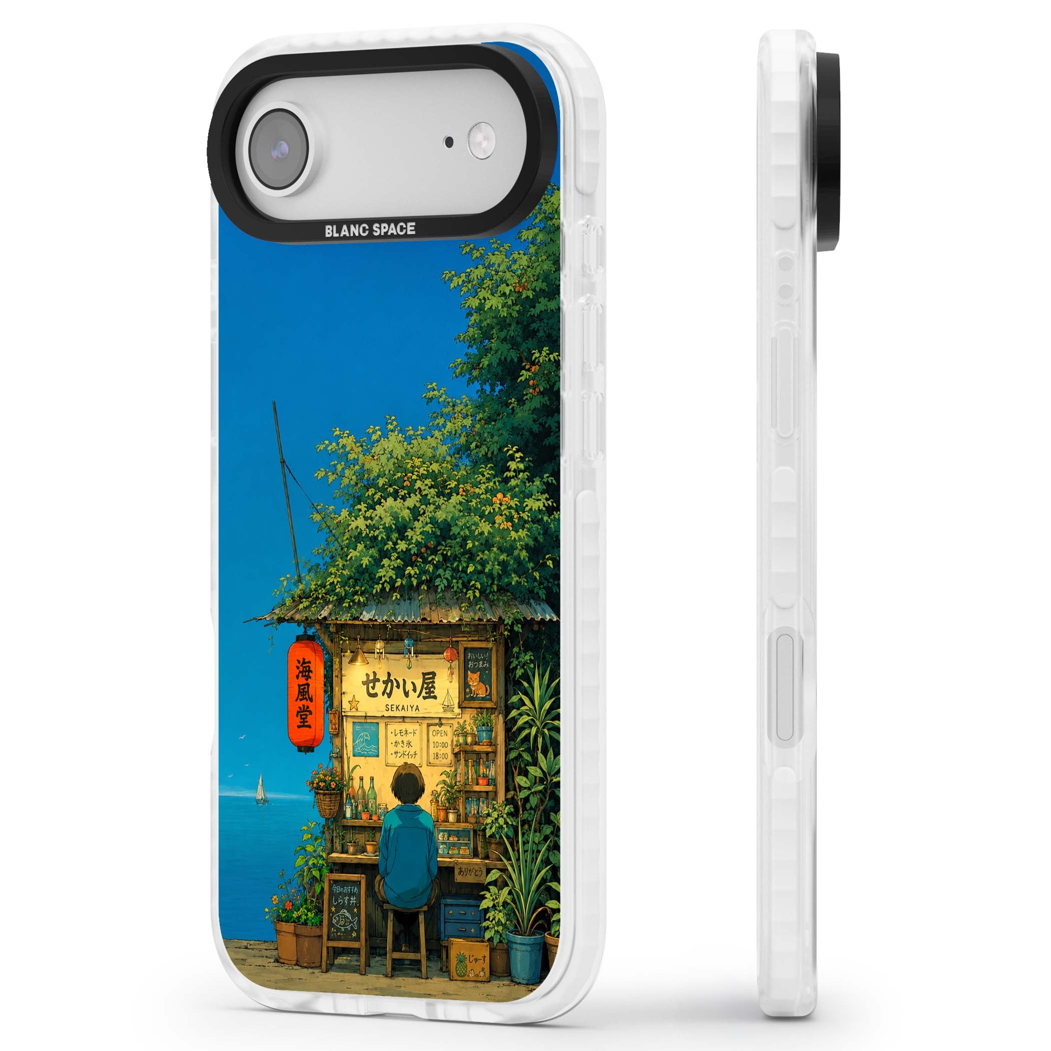 The Shirahama Kiosk anime iPhone case featuring a Japanese seaside shop, red paper lantern and ocean view | Impact Magsafe case for iPhone Air
