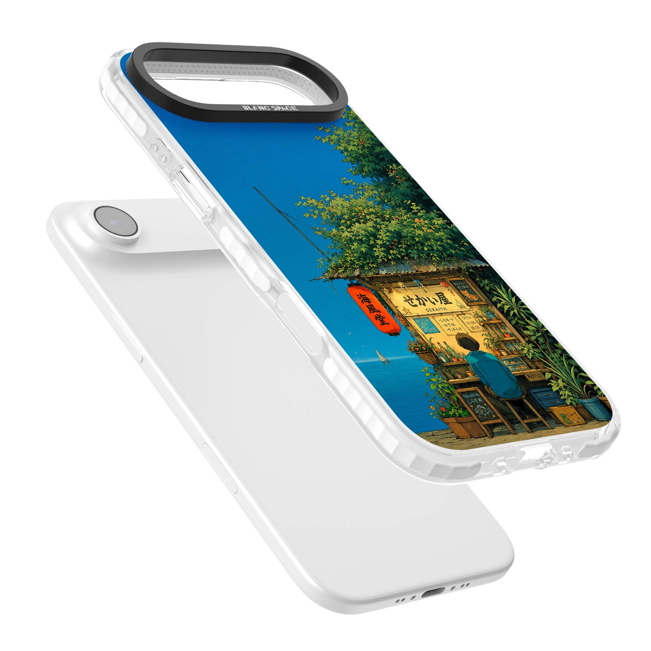 The Shirahama Kiosk anime iPhone case featuring a Japanese seaside shop, red paper lantern and ocean view | Impact Magsafe case for iPhone Air