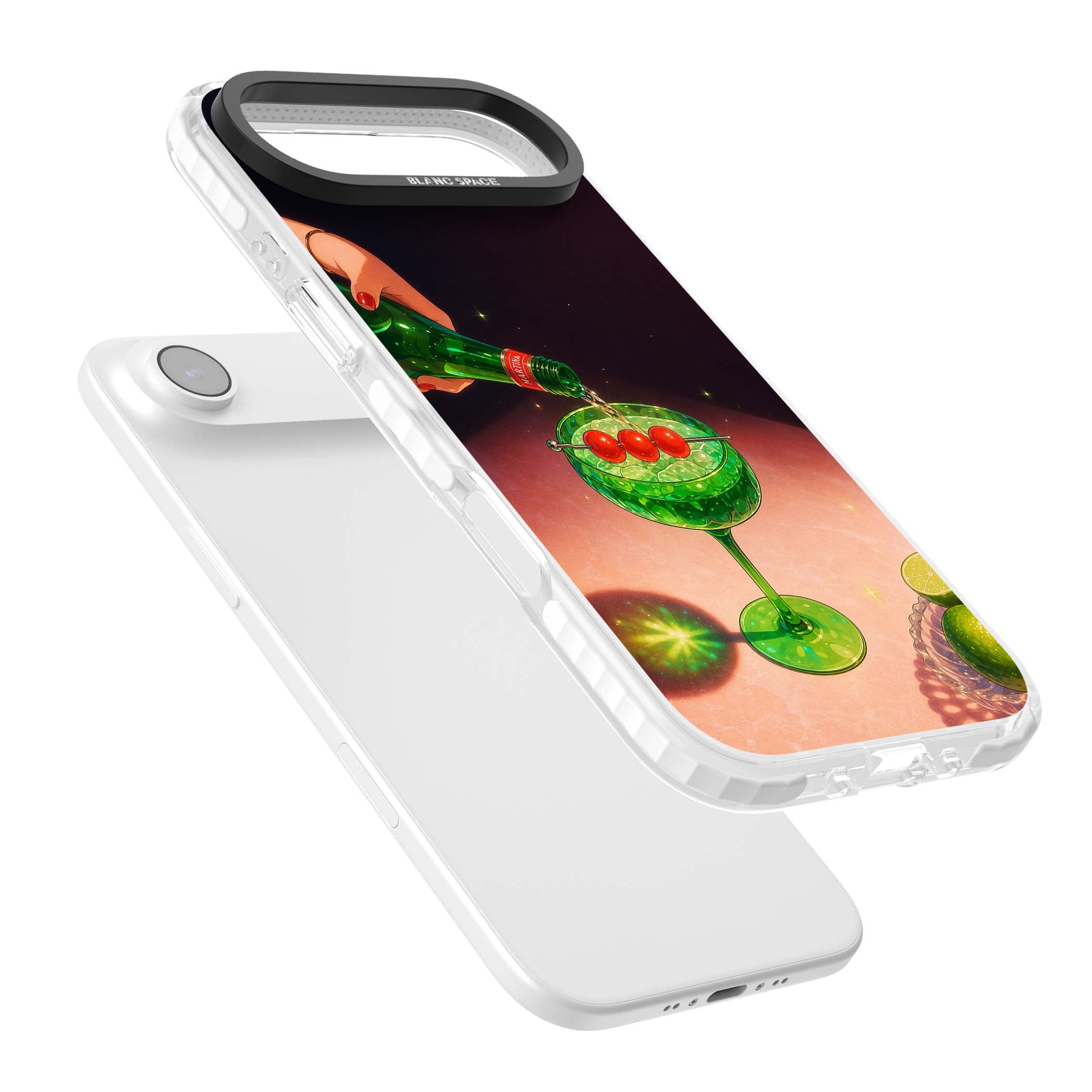 Absinthe Hour cocktail iPhone case featuring a green coupe glass, cherry garnish and vintage bottle pour illustration | Impact Magsafe case for iPhone Air