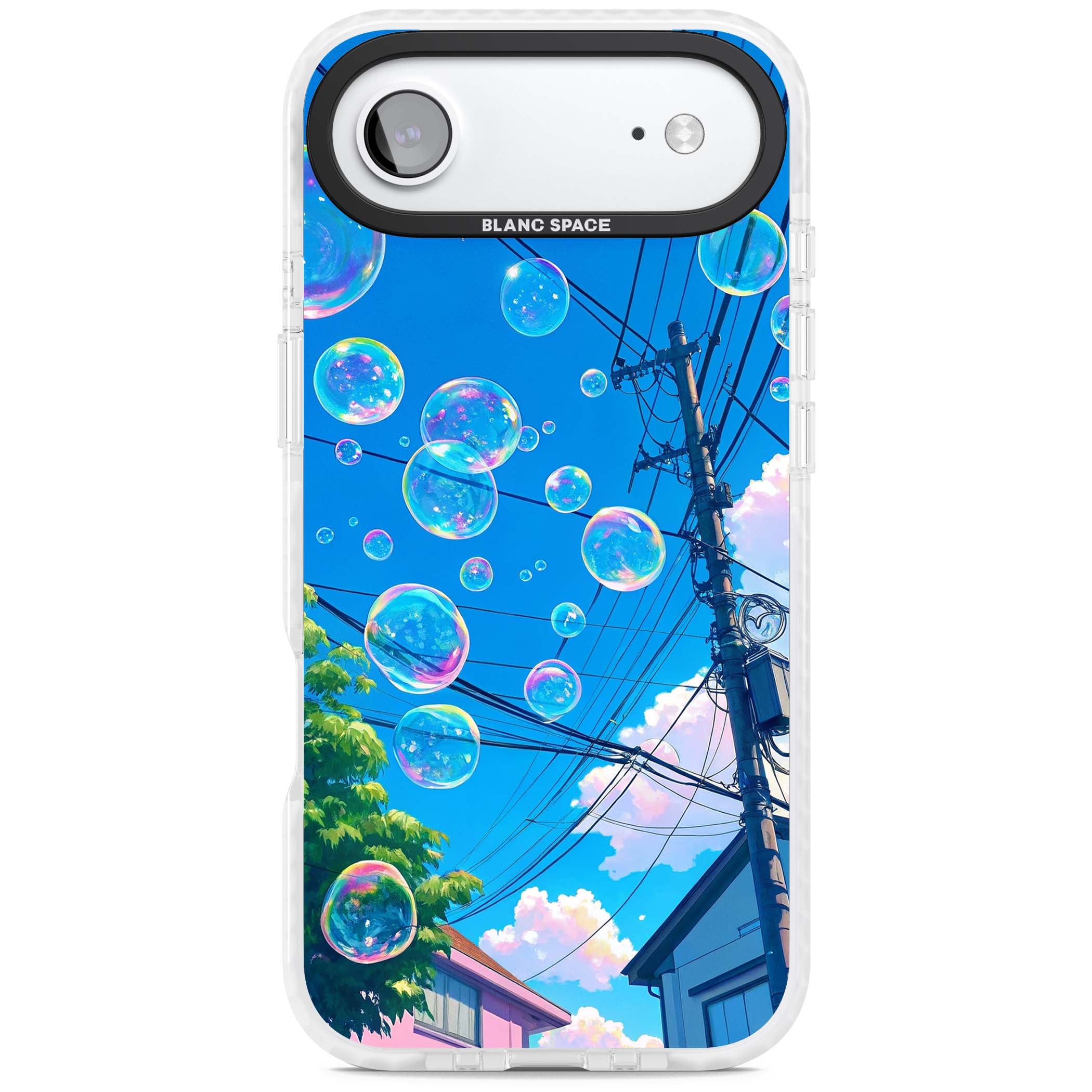 Suburban Bubbles anime iPhone case featuring iridescent soap bubbles, blue sky and Japanese telephone wires | Impact Magsafe case for iPhone Air