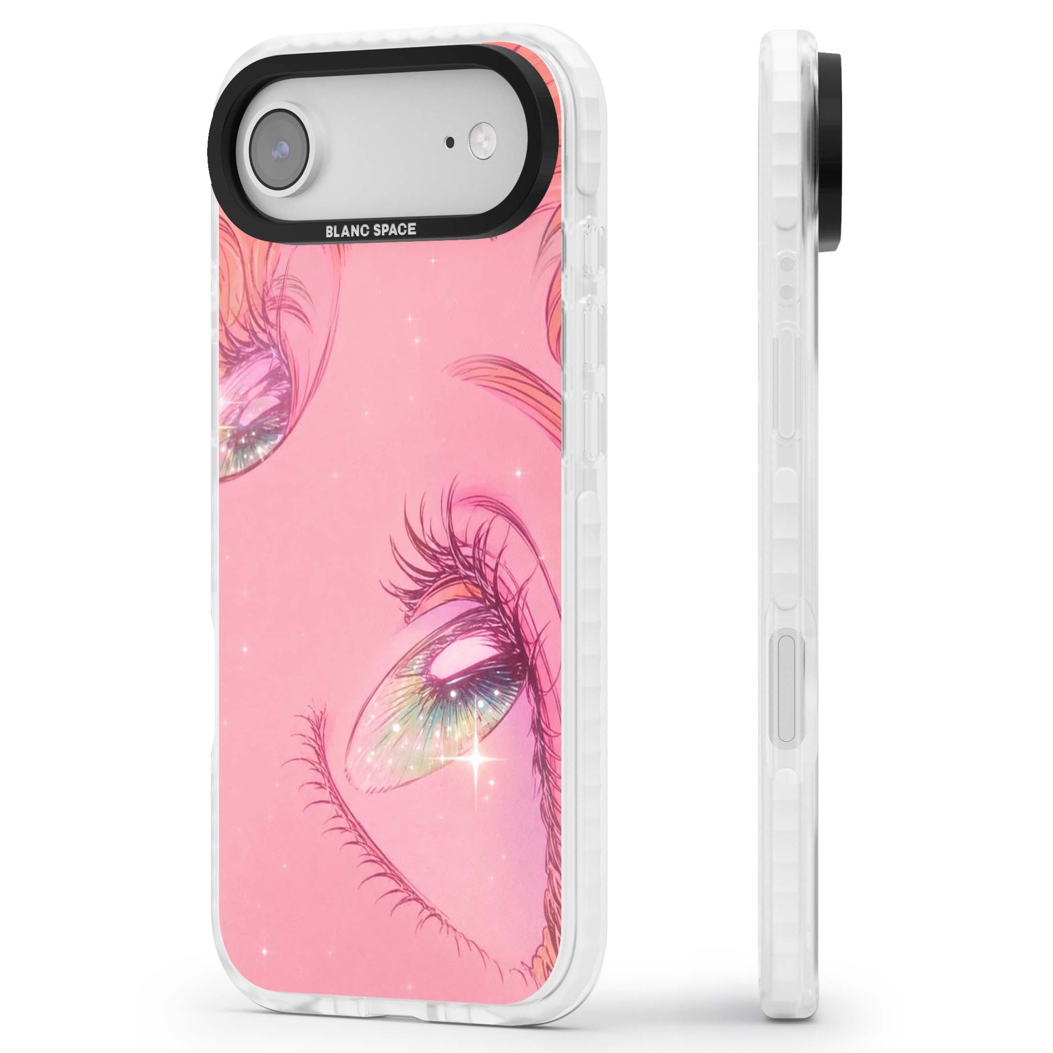 Pink Ethereal Gaze anime iPhone case featuring sparkling manga eyes, coral lashes and dreamy peach sky | Impact Magsafe case for iPhone Air