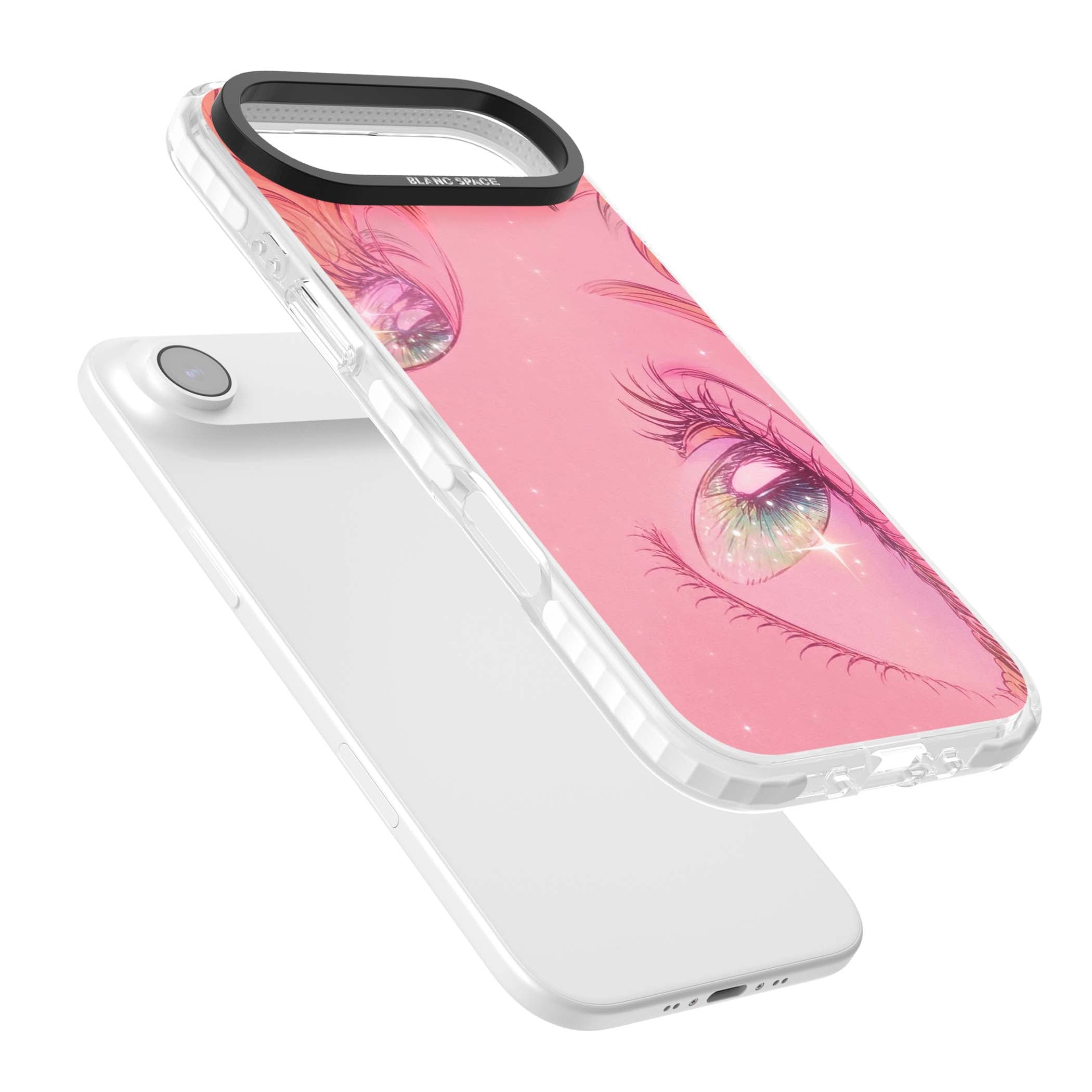 Pink Ethereal Gaze anime iPhone case featuring sparkling manga eyes, coral lashes and dreamy peach sky | Impact Magsafe case for iPhone Air