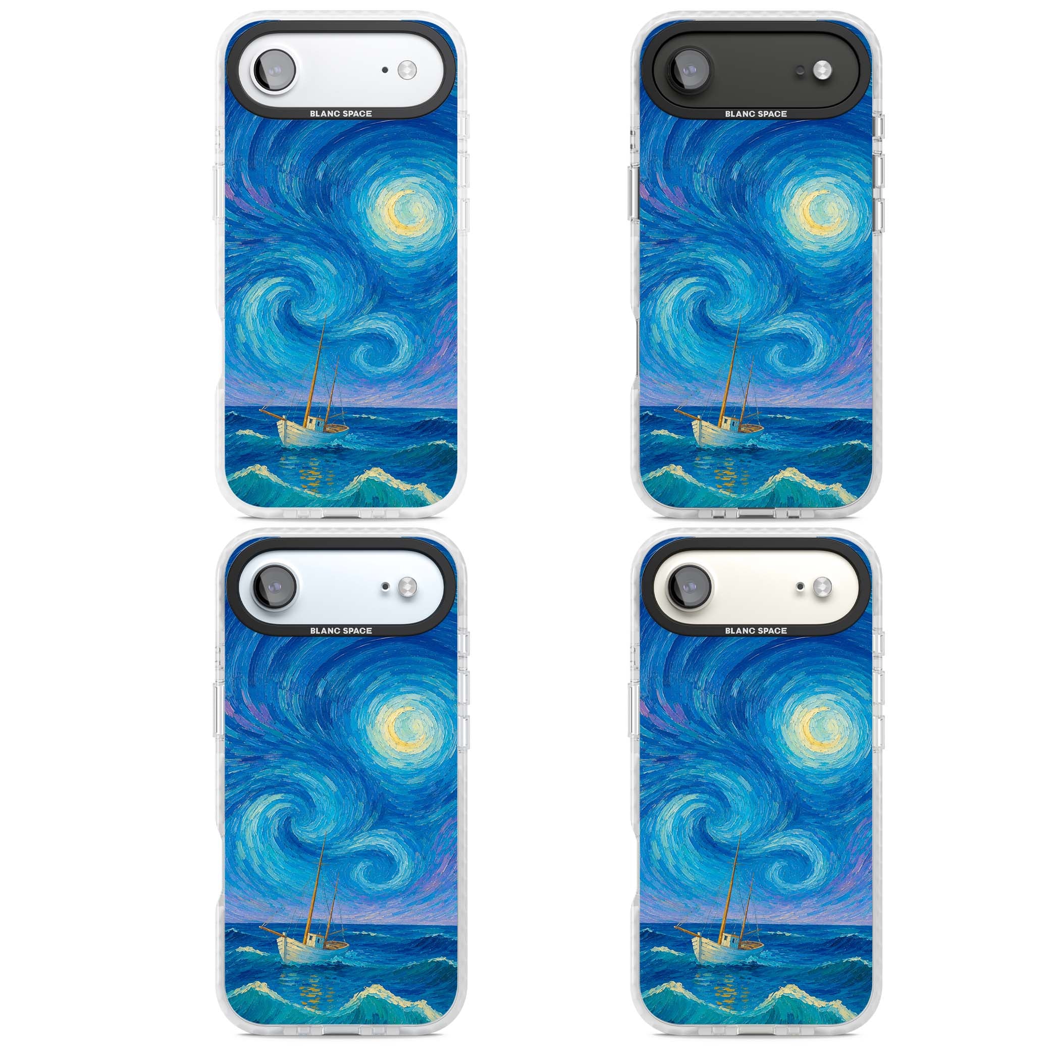 Moonlit Tide Van Gogh art iPhone case featuring swirling starry night sky, glowing moon and lone sailing boat at sea | Impact Magsafe case for iPhone Air