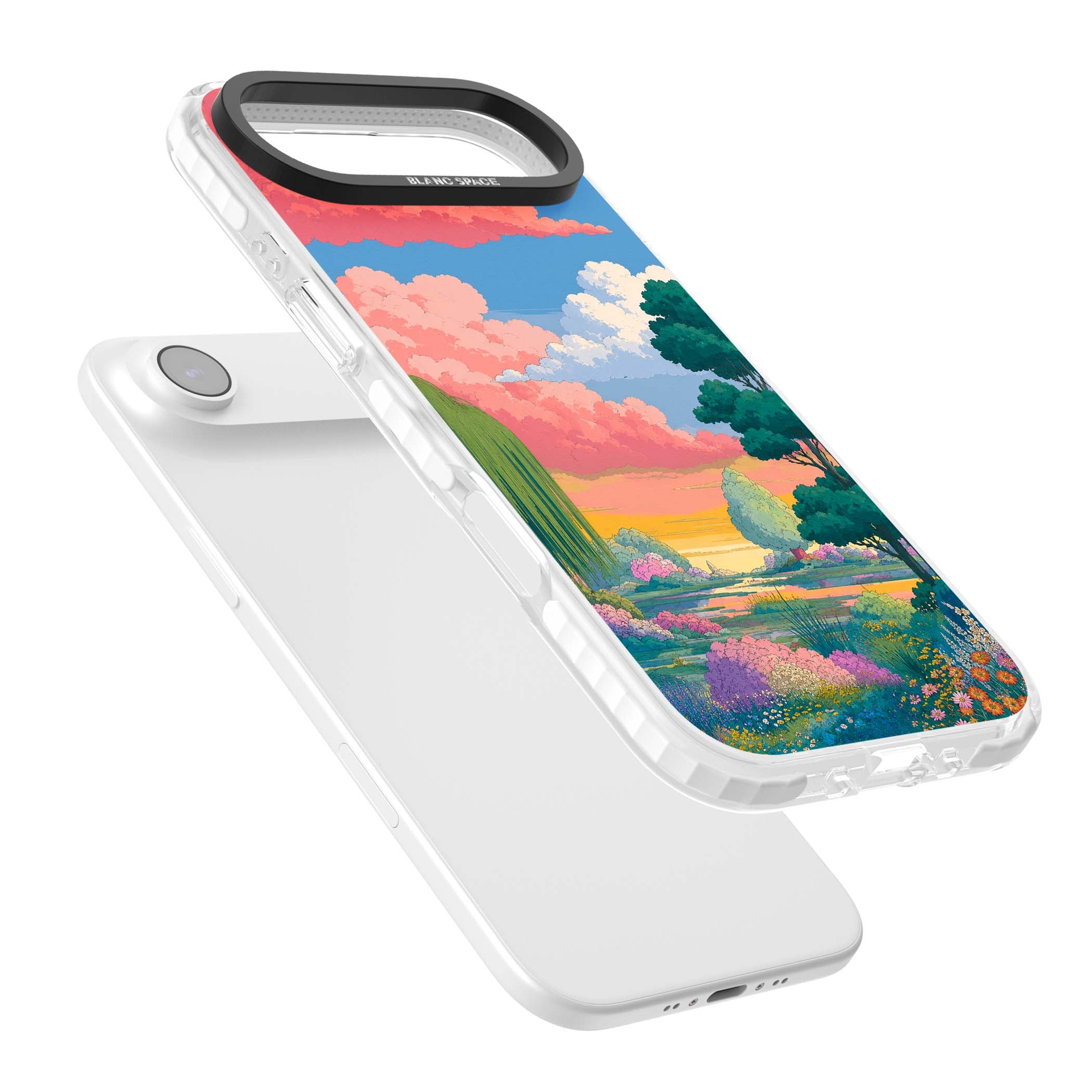 Dream Valley anime landscape iPhone case featuring pink sunset clouds, willow trees and wildflowers | Impact Magsafe case for iPhone Air