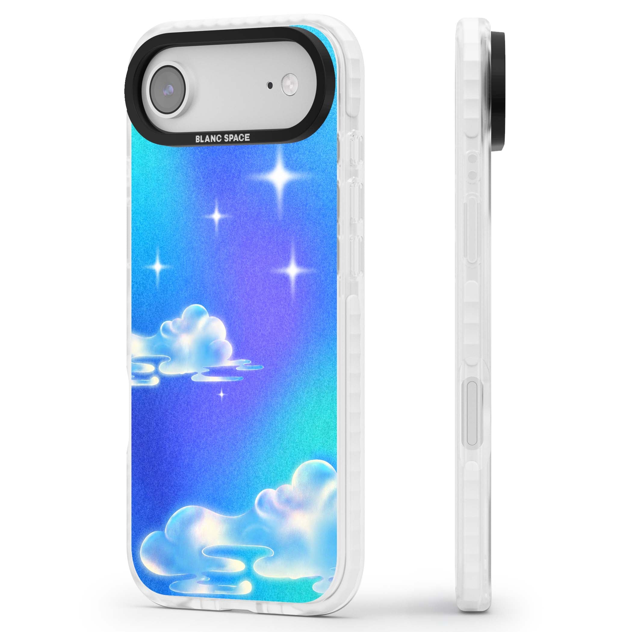 Aurora celestial iPhone case featuring dreamy iridescent clouds, sparkling stars and pastel blue purple sky | Impact Magsafe case for iPhone Air