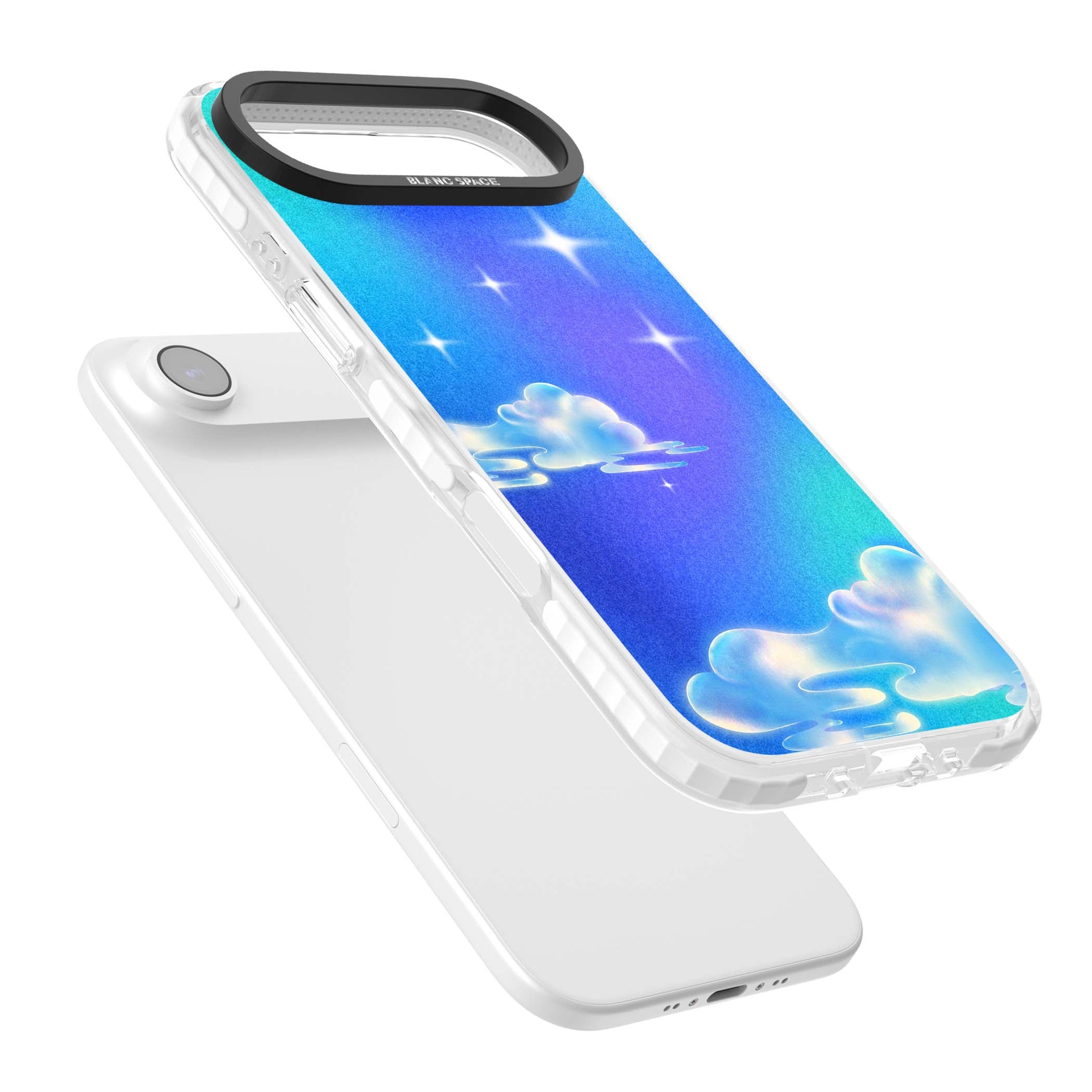 Aurora celestial iPhone case featuring dreamy iridescent clouds, sparkling stars and pastel blue purple sky | Impact Magsafe case for iPhone Air