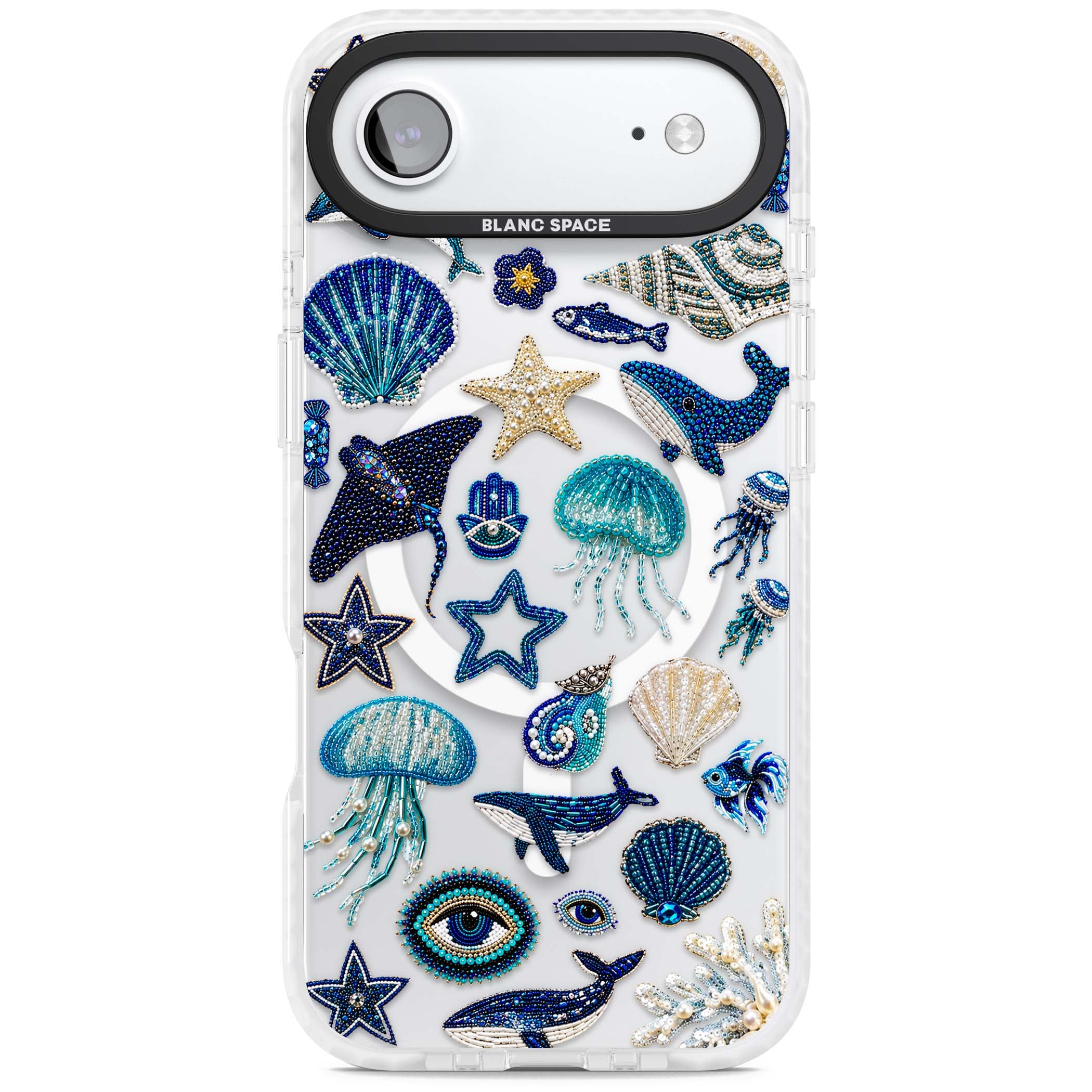 Beaded Coastal coastal iPhone case featuring embroidered seashells, jellyfish and a blue whale on clear | Impact Magsafe case for iPhone Air