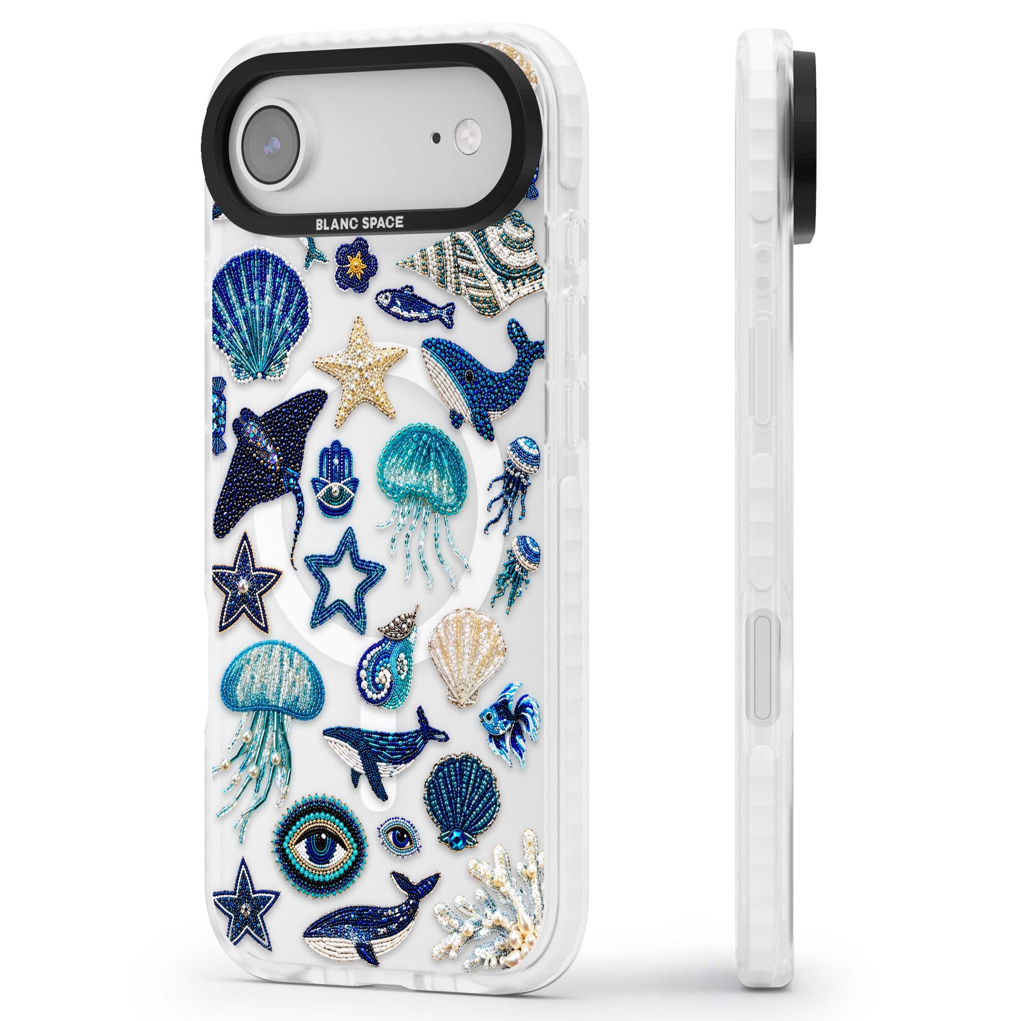 Beaded Coastal coastal iPhone case featuring embroidered seashells, jellyfish and a blue whale on clear | Impact Magsafe case for iPhone Air