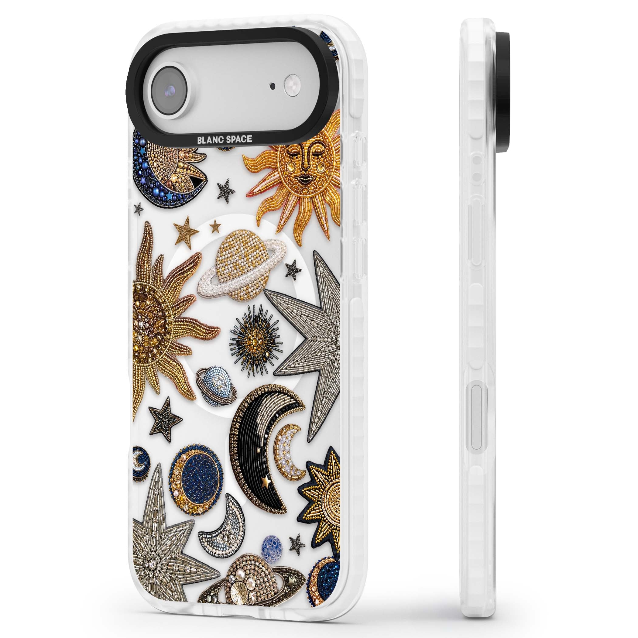 Beaded Cosmos celestial iPhone case featuring embroidered golden suns, beaded planets and silver shooting stars | Impact Magsafe case for iPhone Air