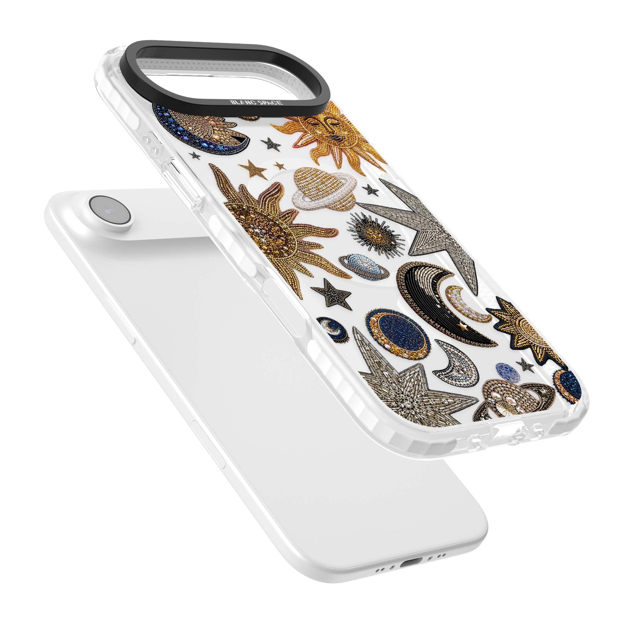 Beaded Cosmos celestial iPhone case featuring embroidered golden suns, beaded planets and silver shooting stars | Impact Magsafe case for iPhone Air