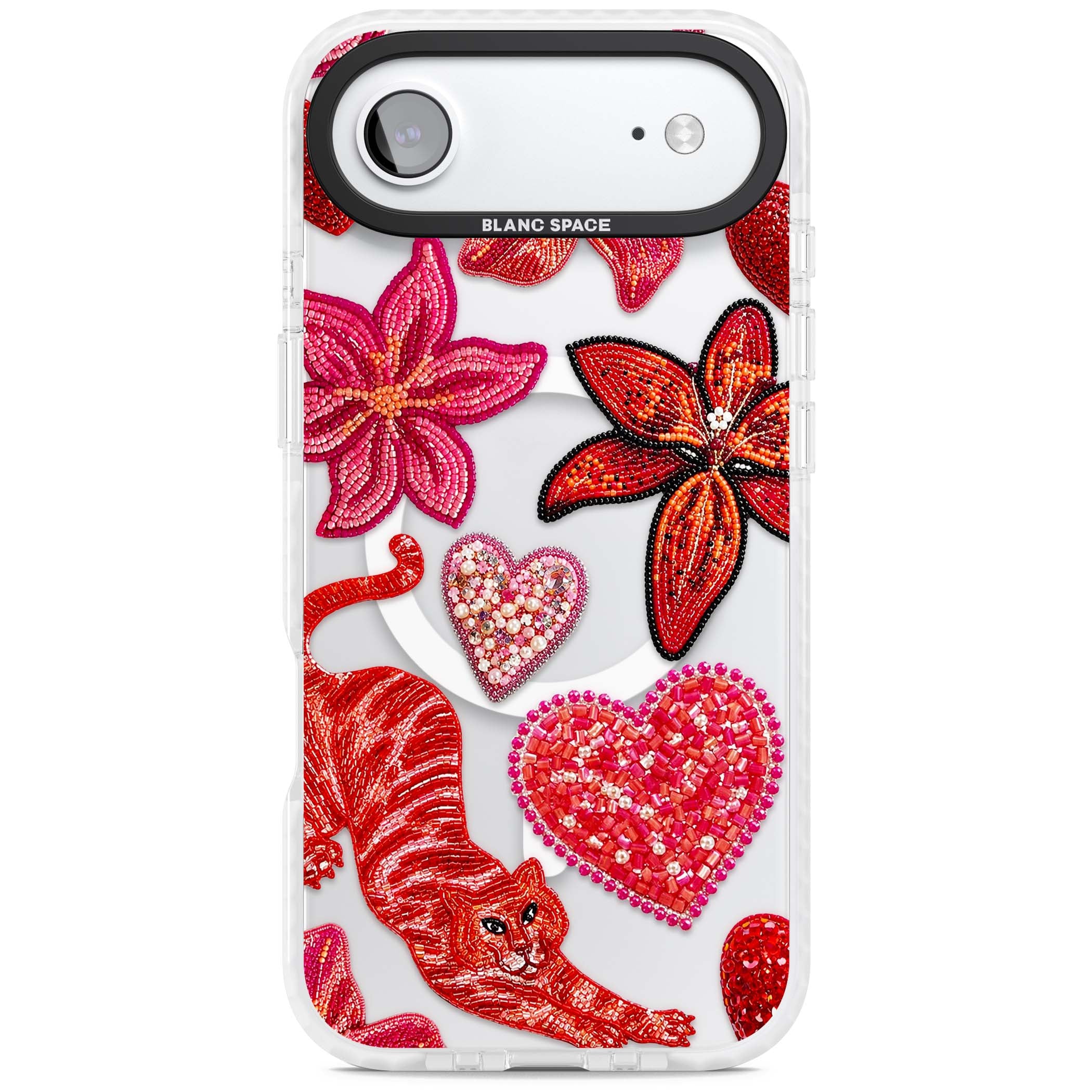 Beaded Boho floral iPhone case featuring beaded red lilies, a stitched tiger, and pearl-encrusted hearts on clear | Impact Magsafe case for iPhone Air