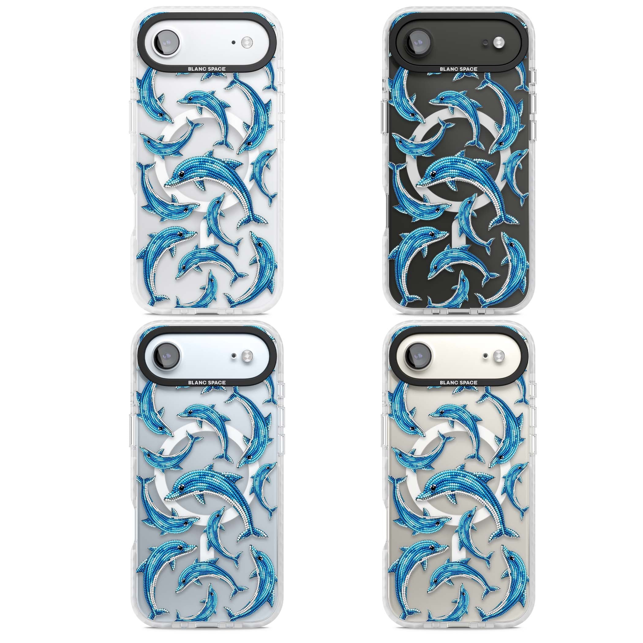 Beaded Dolphins coastal iPhone case featuring beaded dolphins in blue and white swimming across a clear background | Impact Magsafe case for iPhone Air