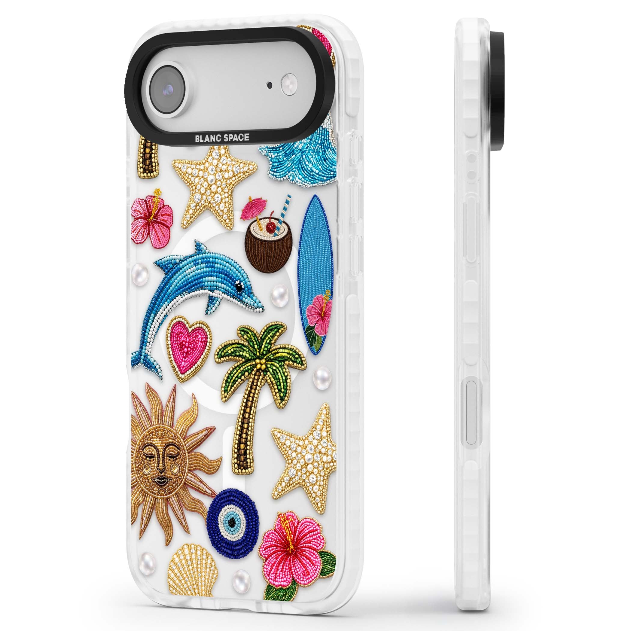 Beaded Beach coastal summer iPhone case featuring embroidered evil eye, hibiscus flowers, dolphin and palm tree patches | Impact Magsafe case for iPhone Air