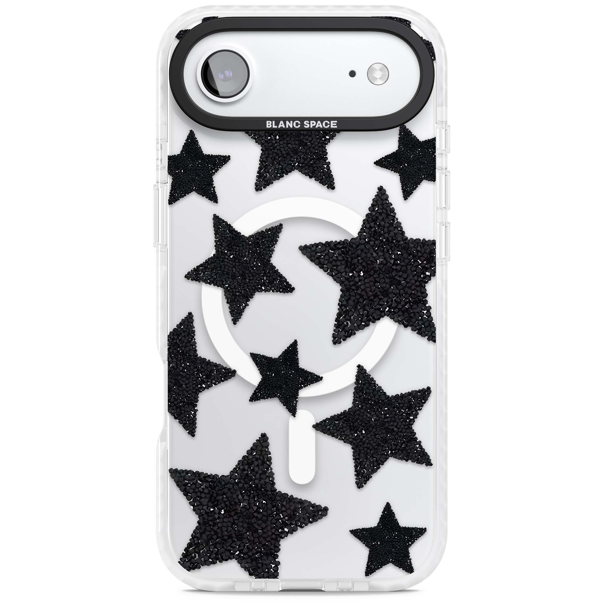 Beaded Black Stars celestial iPhone case featuring black glitter beaded stars scattered on a clear background | Impact Magsafe case for iPhone Air