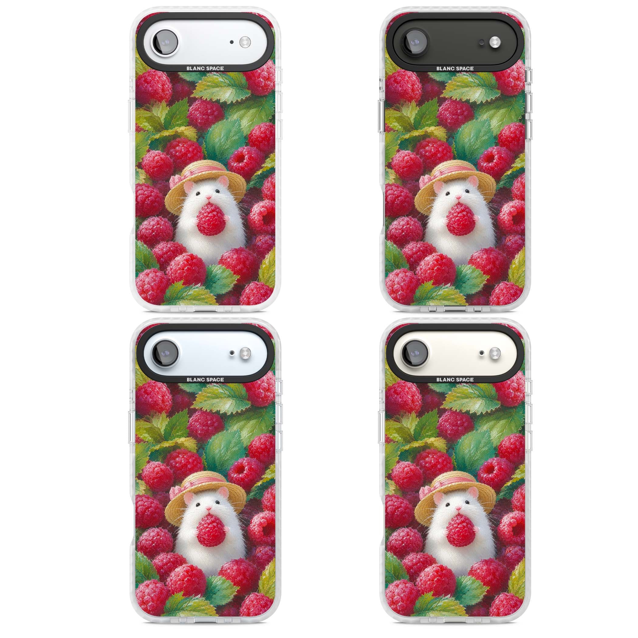 Berry Forager cottagecore iPhone case featuring a white hamster in a straw hat holding a raspberry surrounded by ripe ber | Impact Magsafe case for iPhone Air