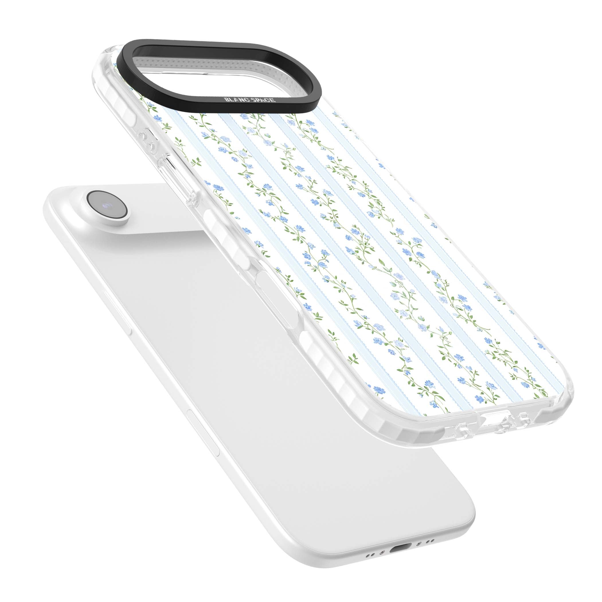 Bluebell Vine cottagecore iPhone case featuring climbing blue roses, trailing green vines, and pale ticking stripes | Impact Magsafe case for iPhone Air