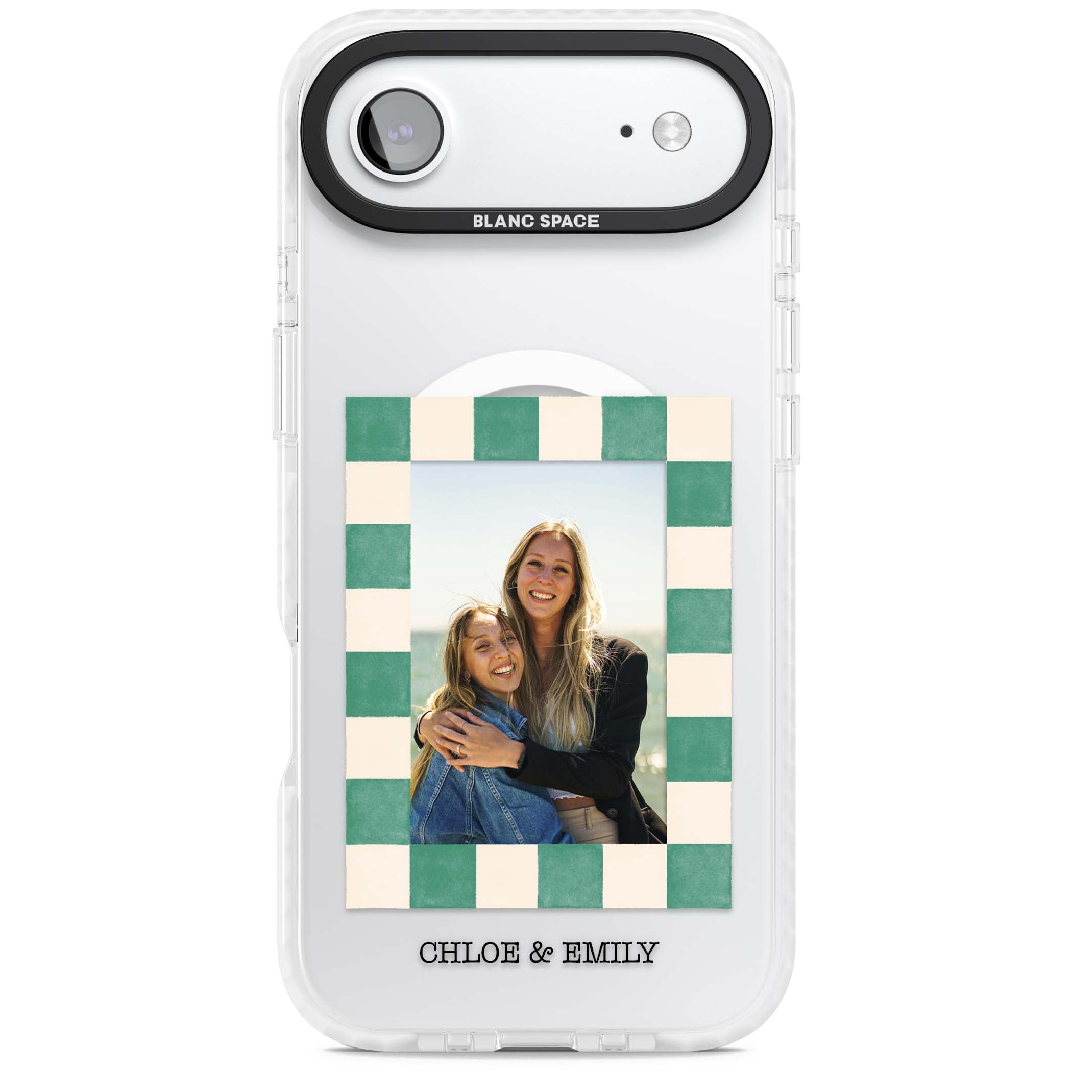 Seafoam Check Photo personalised iPhone case featuring a custom polaroid photo, green and cream checkered frame, and custom n | Impact Magsafe case for iPhone Air