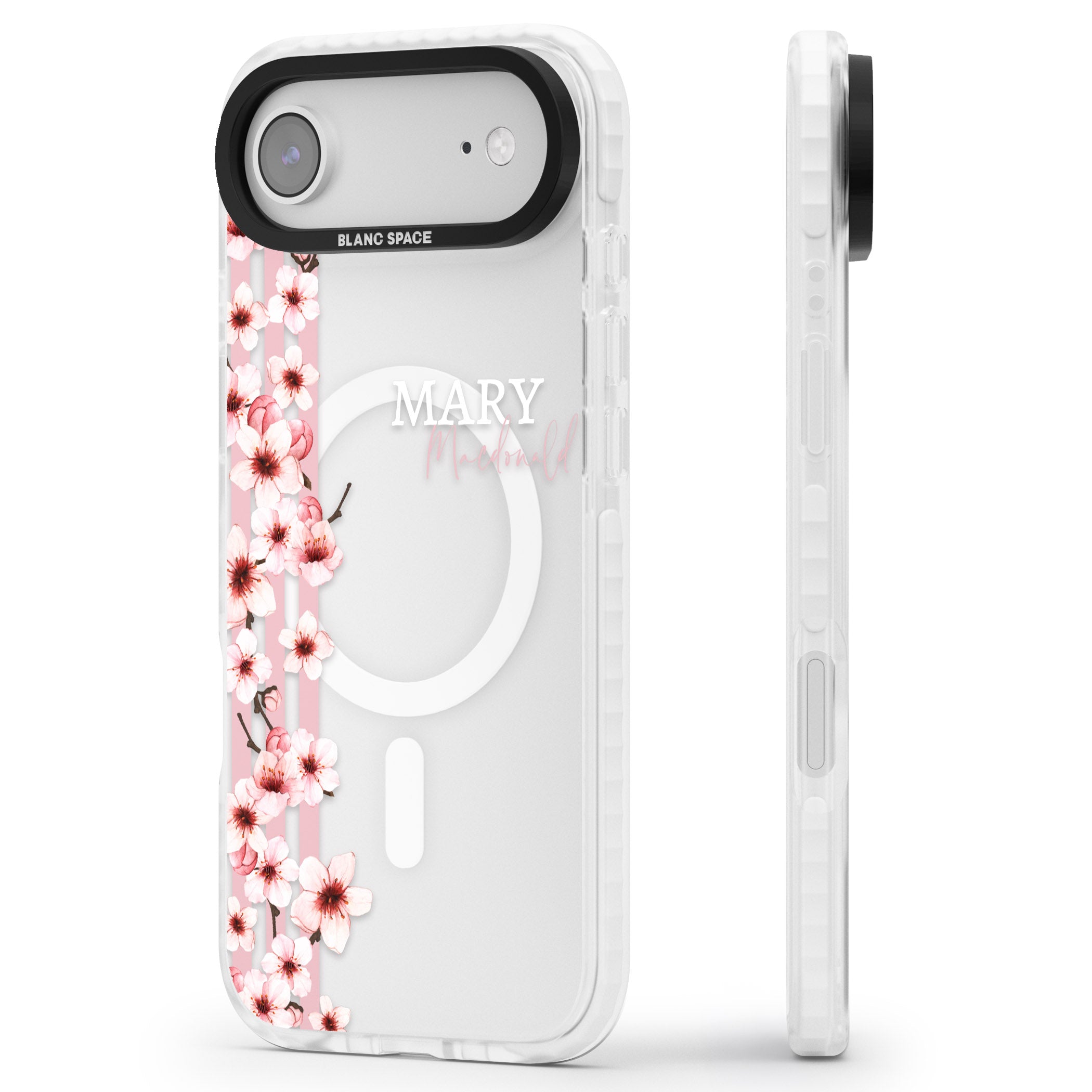 Personalised Cherry Blossom Stripes iPhone 17 Air Impact Pro Clear Phone Case Side Profile