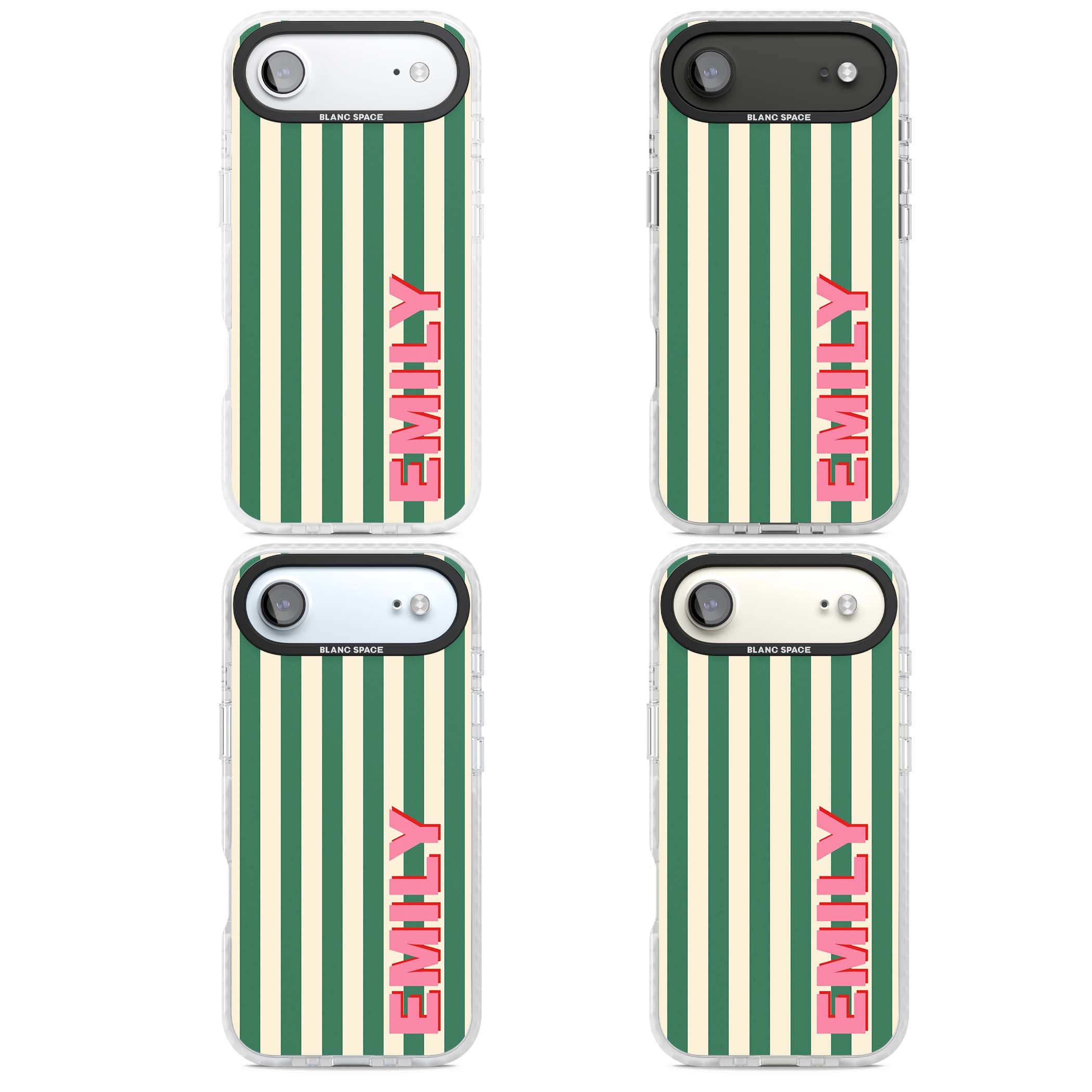 Wimbledon Stripe preppy iPhone case featuring green and cream vertical stripes with a personalised pink name | Impact Magsafe case for iPhone Air