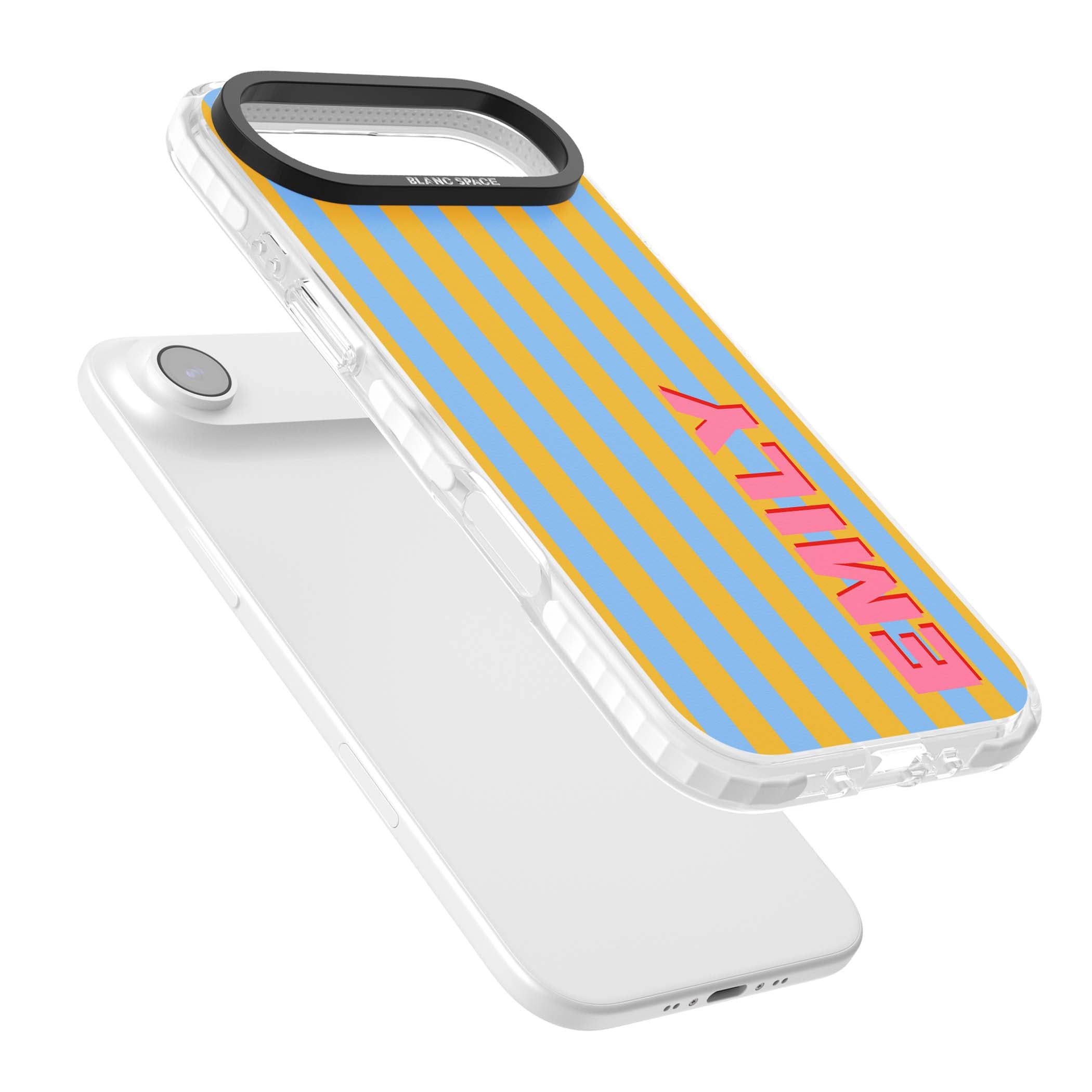 Carribean Stripe personalised coastal iPhone case with yellow and blue vertical stripes and a custom pink name | Impact Magsafe case for iPhone Air