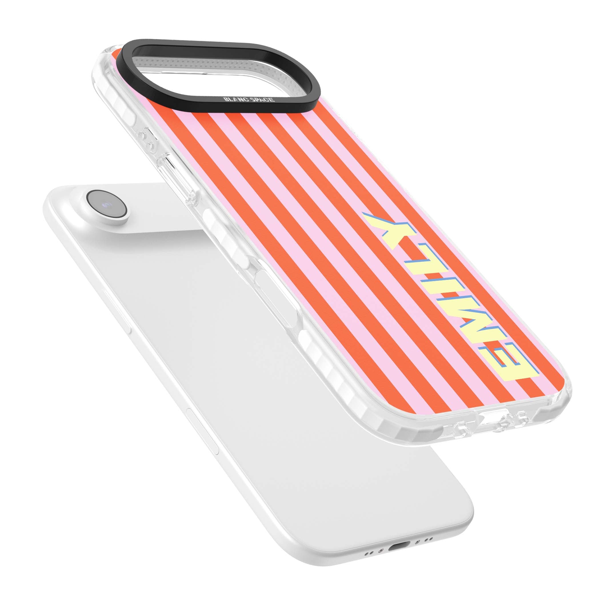 Havana Stripe personalised iPhone case featuring pink and orange vertical stripes with a custom yellow name | Impact Magsafe case for iPhone Air
