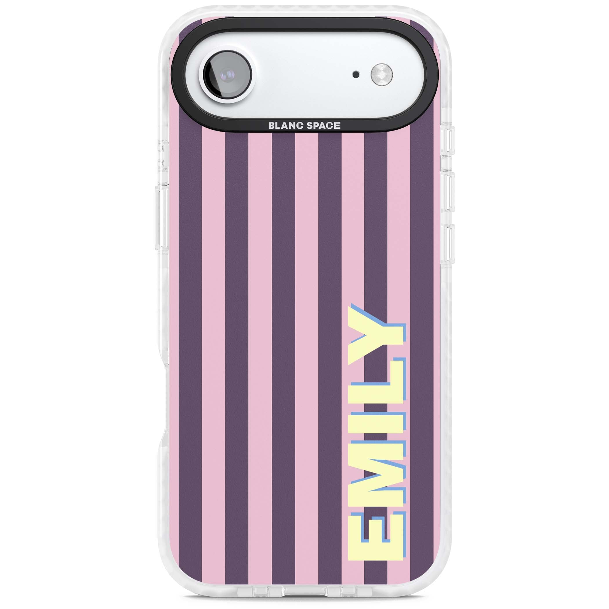 Tyre Stripe personalised stripe iPhone case with plum and pink vertical stripes and custom yellow name | Impact Magsafe case for iPhone Air