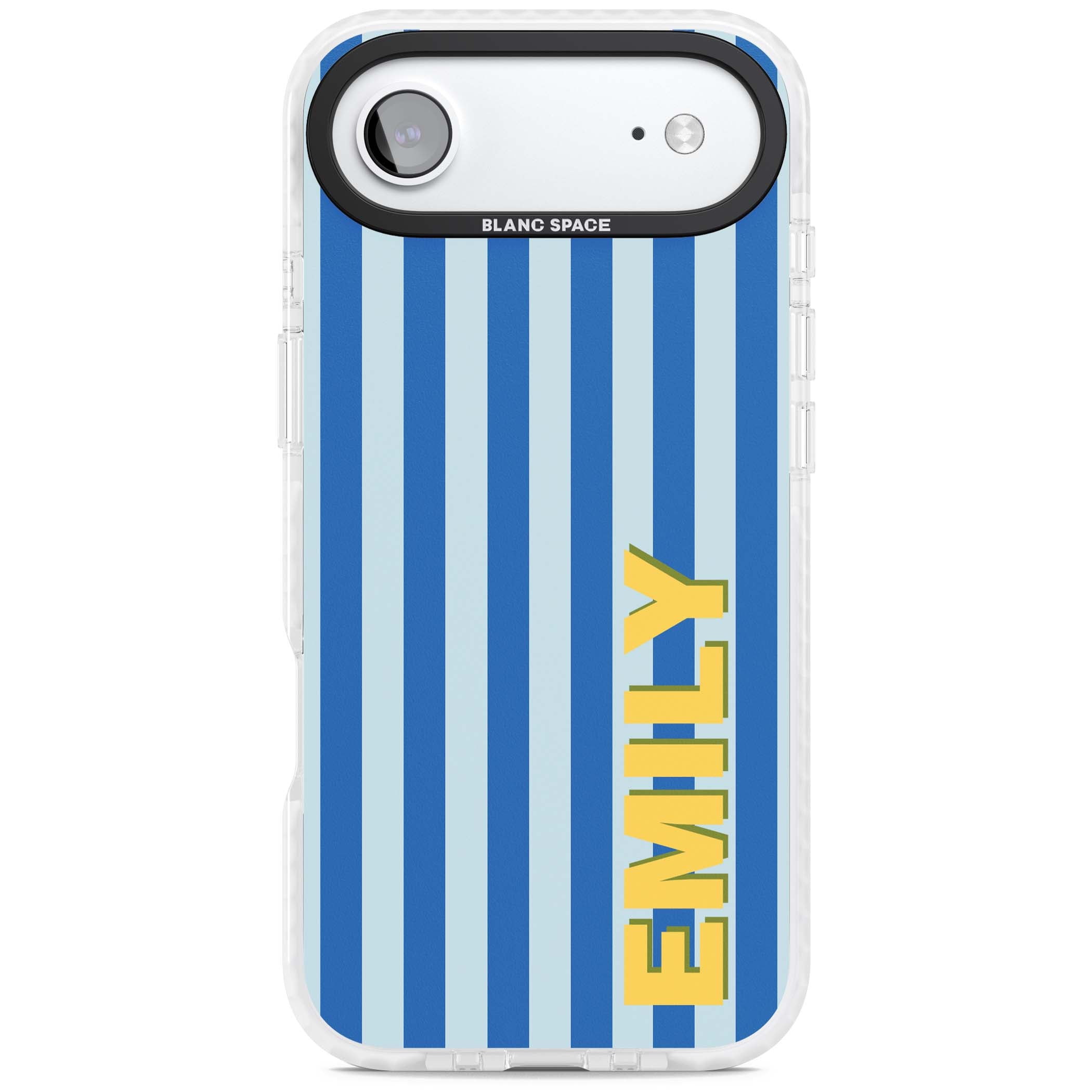 Athenian Stripe personalised preppy iPhone case featuring blue vertical stripes and a custom yellow name | Impact Magsafe case for iPhone Air