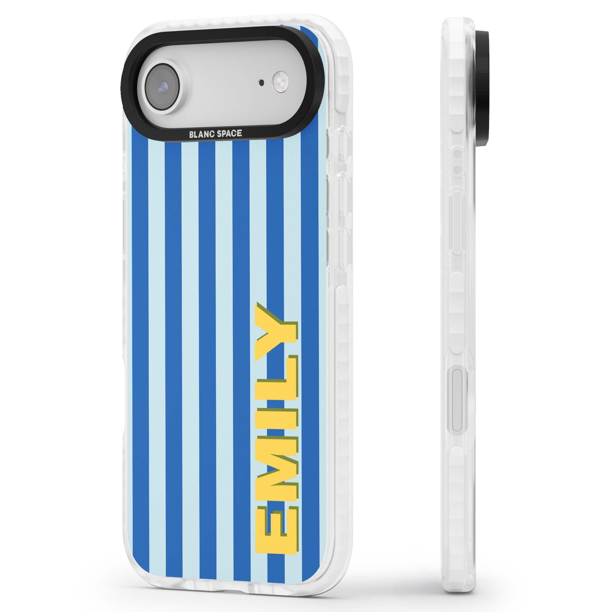Athenian Stripe personalised preppy iPhone case featuring blue vertical stripes and a custom yellow name | Impact Magsafe case for iPhone Air
