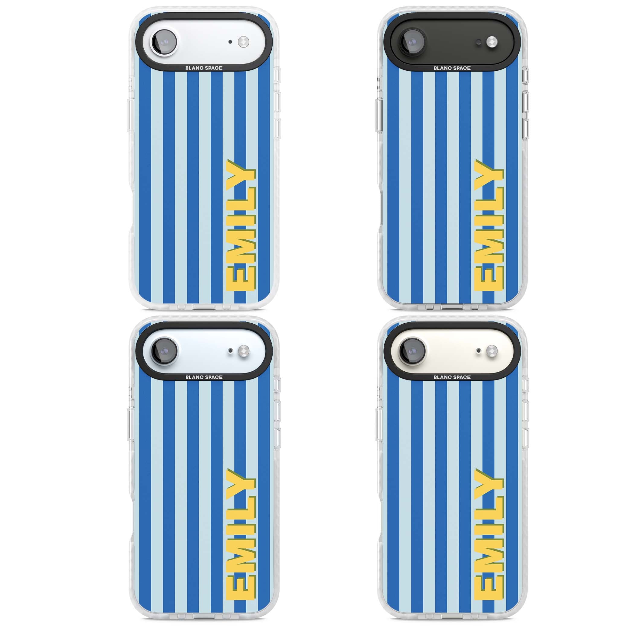 Athenian Stripe personalised preppy iPhone case featuring blue vertical stripes and a custom yellow name | Impact Magsafe case for iPhone Air