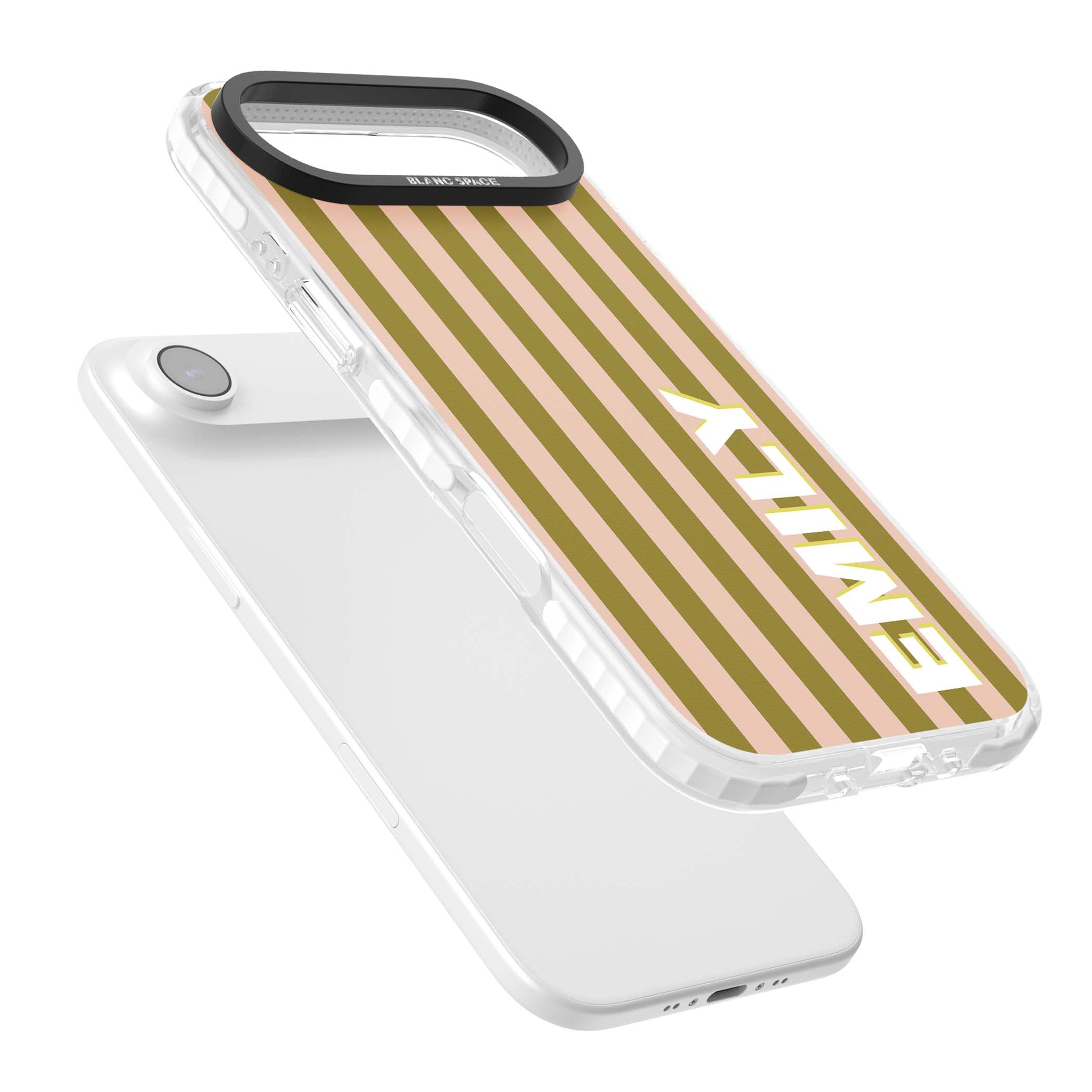 Indian Stripe personalised iPhone case featuring olive green and blush pink vertical stripes with custom name in whit | Impact Magsafe case for iPhone Air