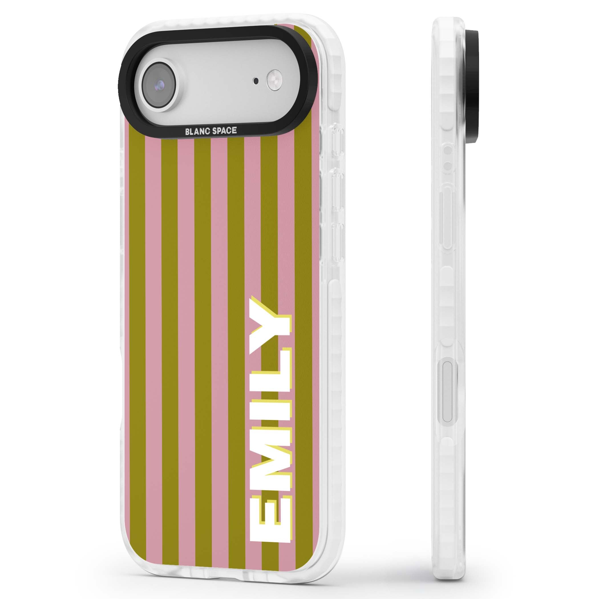Istanbul Stripe personalised iPhone case featuring pink and olive green vertical stripes with a custom vertical name | Impact Magsafe case for iPhone Air
