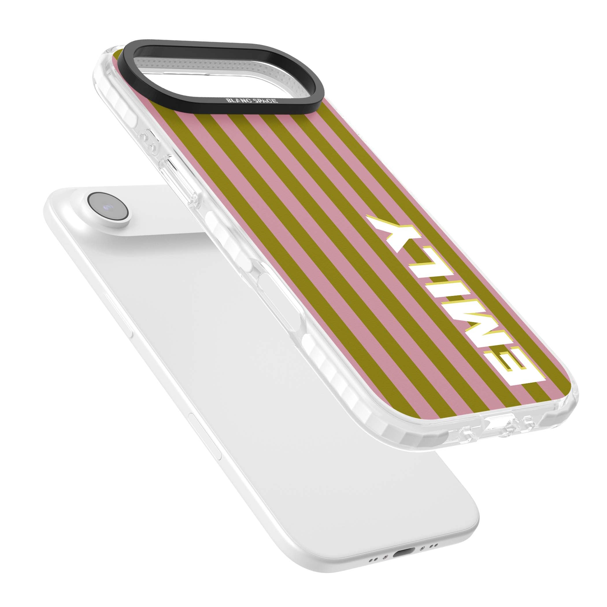 Istanbul Stripe personalised iPhone case featuring pink and olive green vertical stripes with a custom vertical name | Impact Magsafe case for iPhone Air
