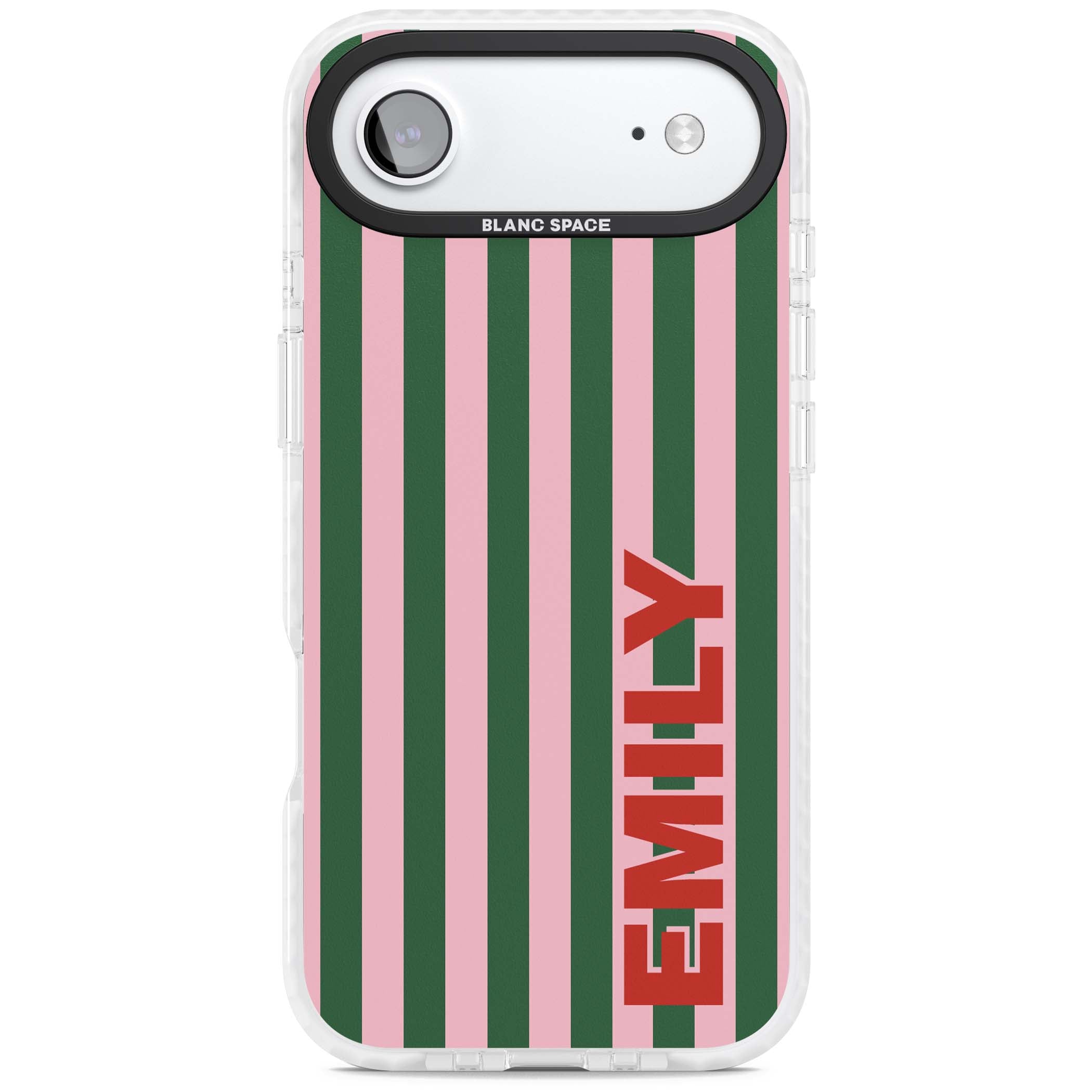 Italian Stripe preppy iPhone case featuring pink and green vertical stripes with personalised red name | Impact Magsafe case for iPhone Air
