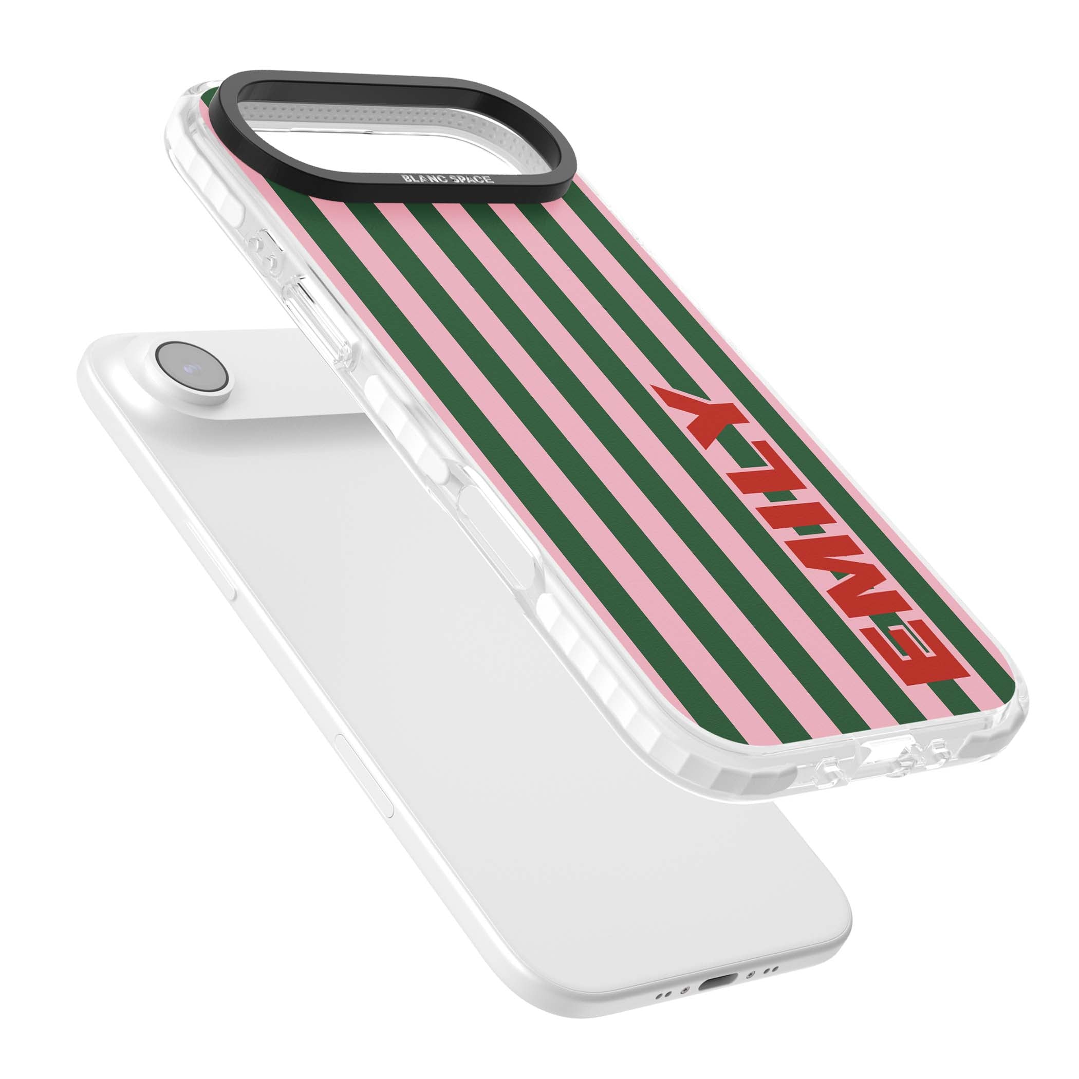 Italian Stripe preppy iPhone case featuring pink and green vertical stripes with personalised red name | Impact Magsafe case for iPhone Air