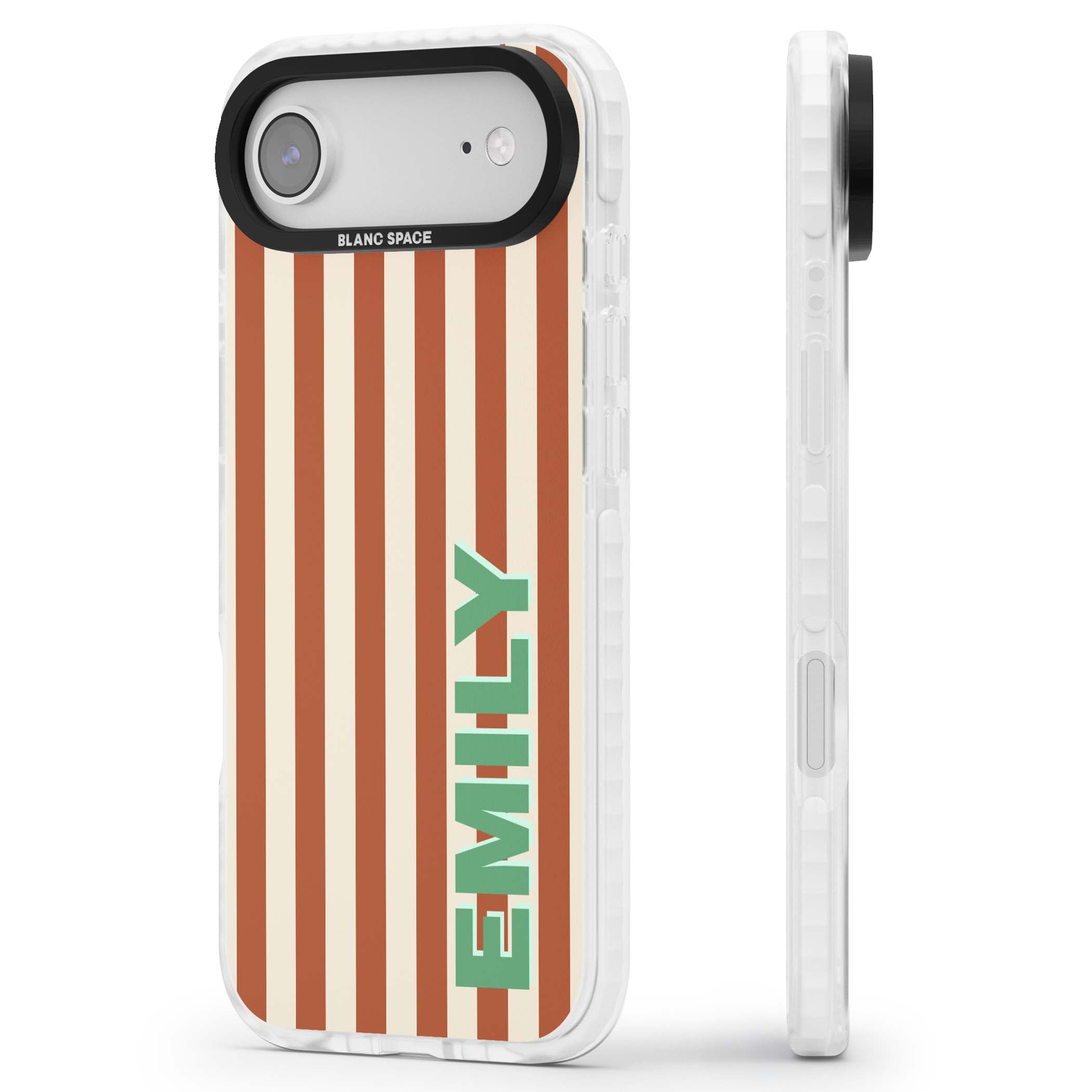 Dune Stripe personalised iPhone case with rust and cream vertical stripes and custom name in mint green | Impact Magsafe case for iPhone Air