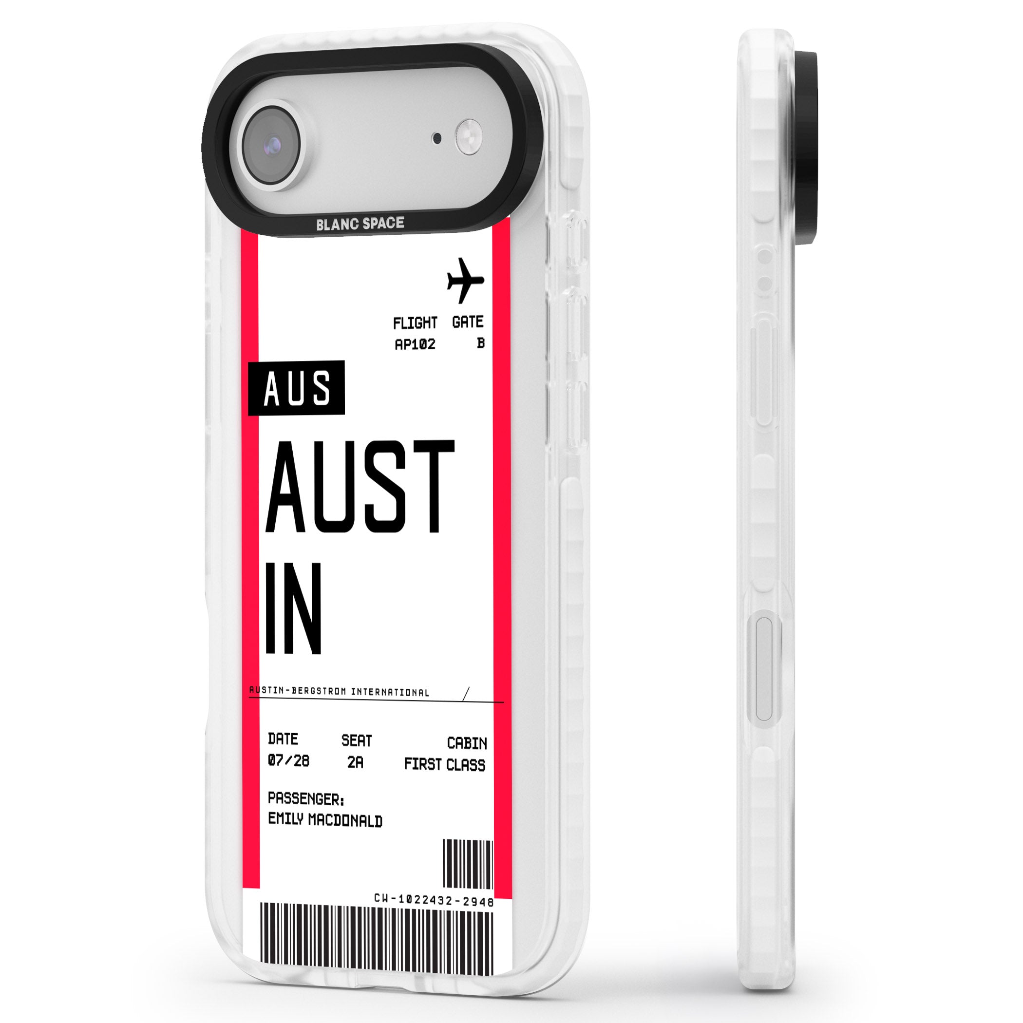 Personalised Austin Boarding Pass iPhone 17 Air Impact Pro Clear Phone Case Side Profile