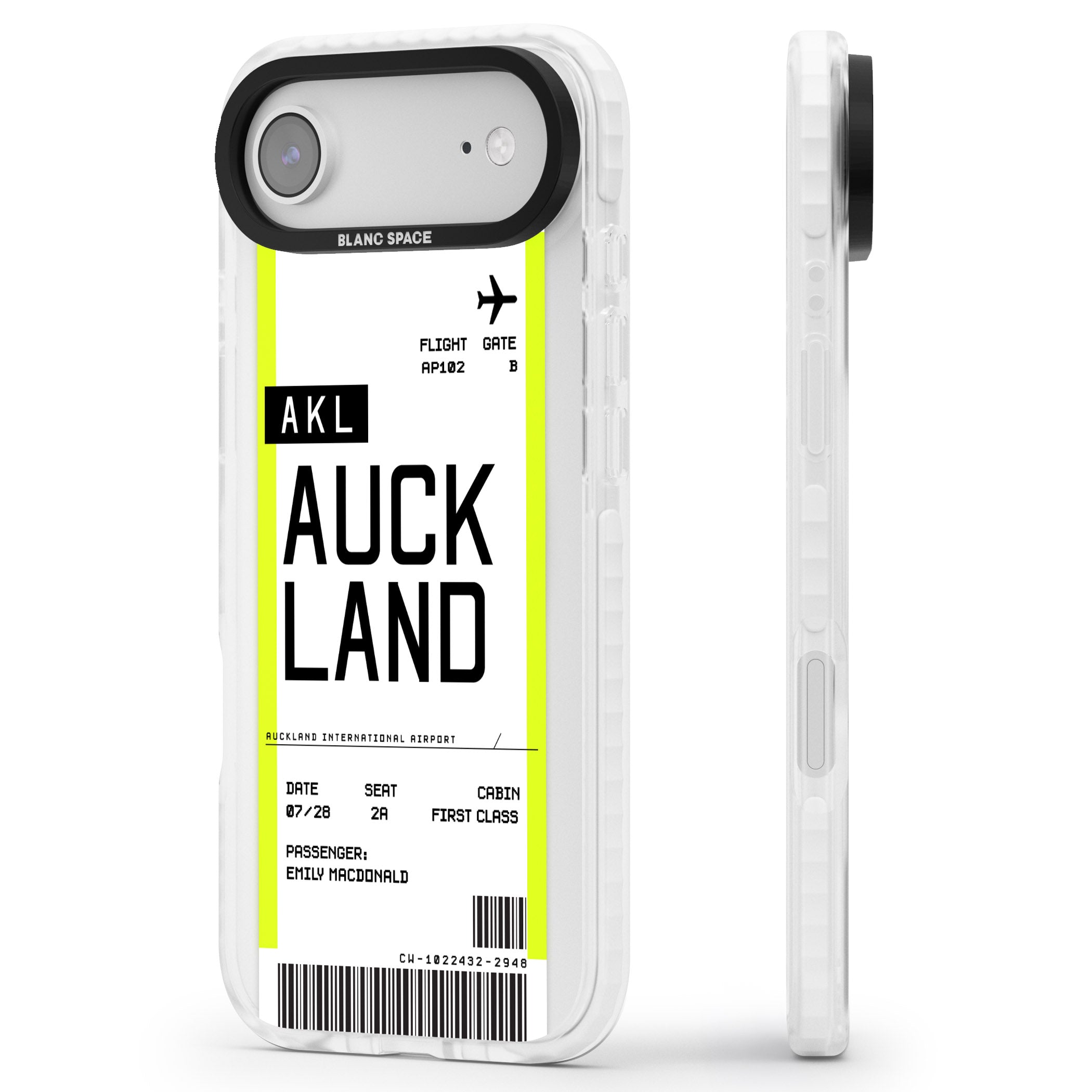 Personalised Auckland Boarding Pass iPhone 17 Air Impact Pro Clear Phone Case Side Profile