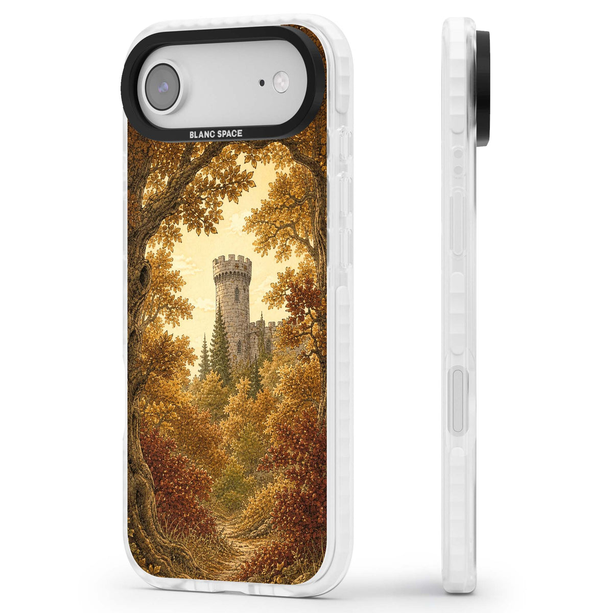 Autumn Keep cottagecore iPhone case featuring a medieval castle tower framed by golden autumn trees and woodland foliage | Impact Magsafe case for iPhone Air