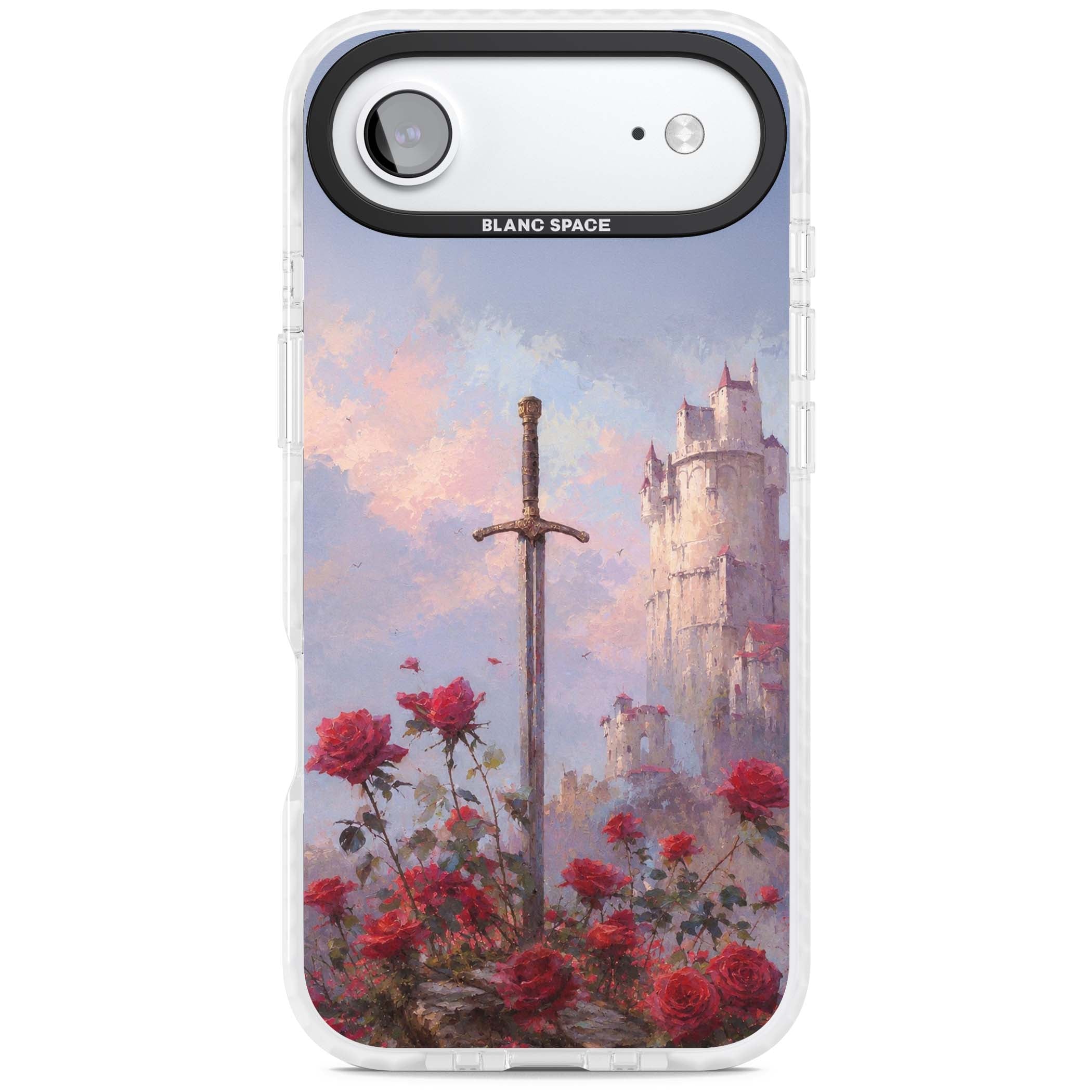 Sword in Roses medieval art iPhone case featuring a sword, red roses, and a misty fairytale castle at sunset | Impact Magsafe case for iPhone Air