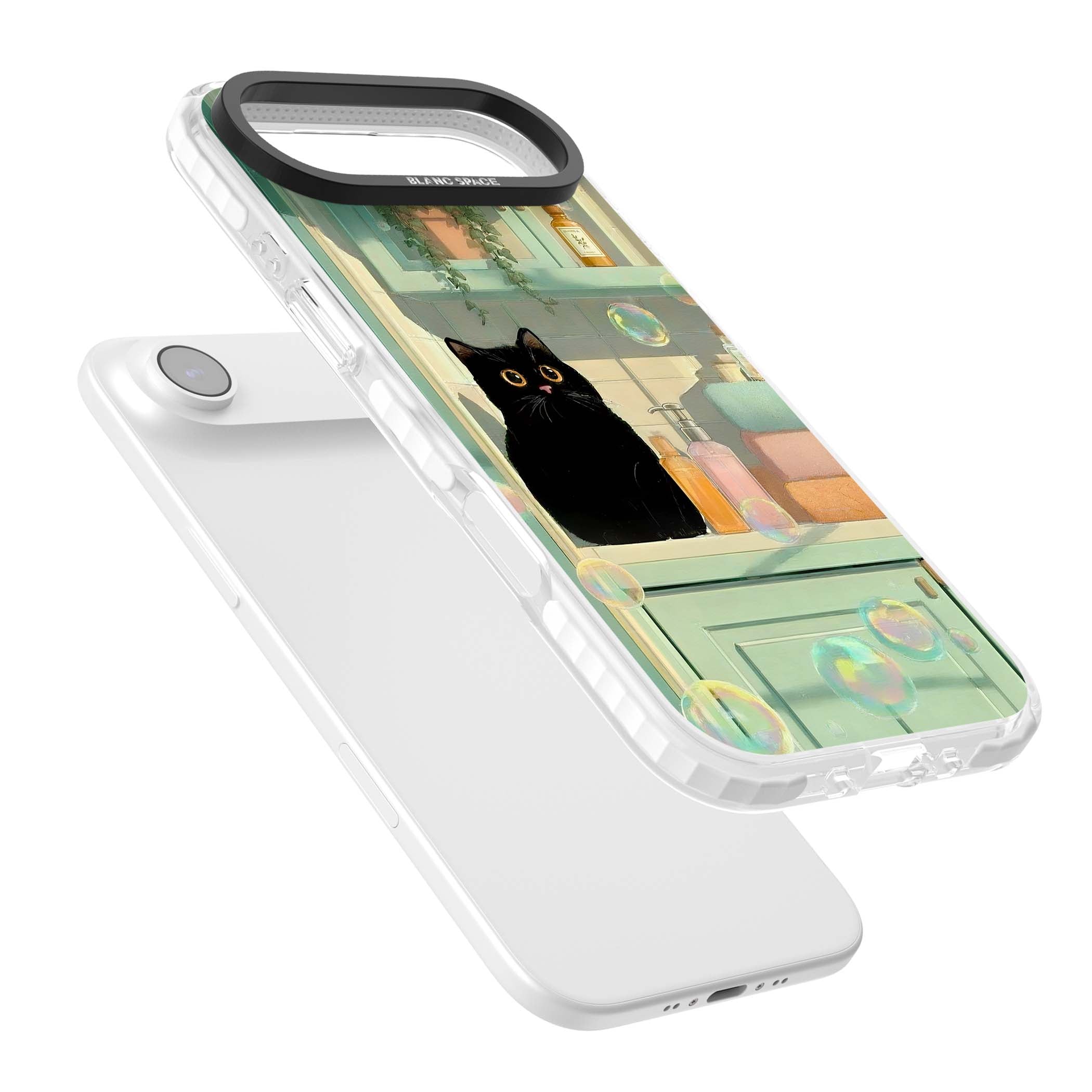 Bathroom Bubble Kitty cottagecore iPhone case featuring a black cat, mint bathroom scene and floating soap bubbles | Impact Magsafe case for iPhone Air