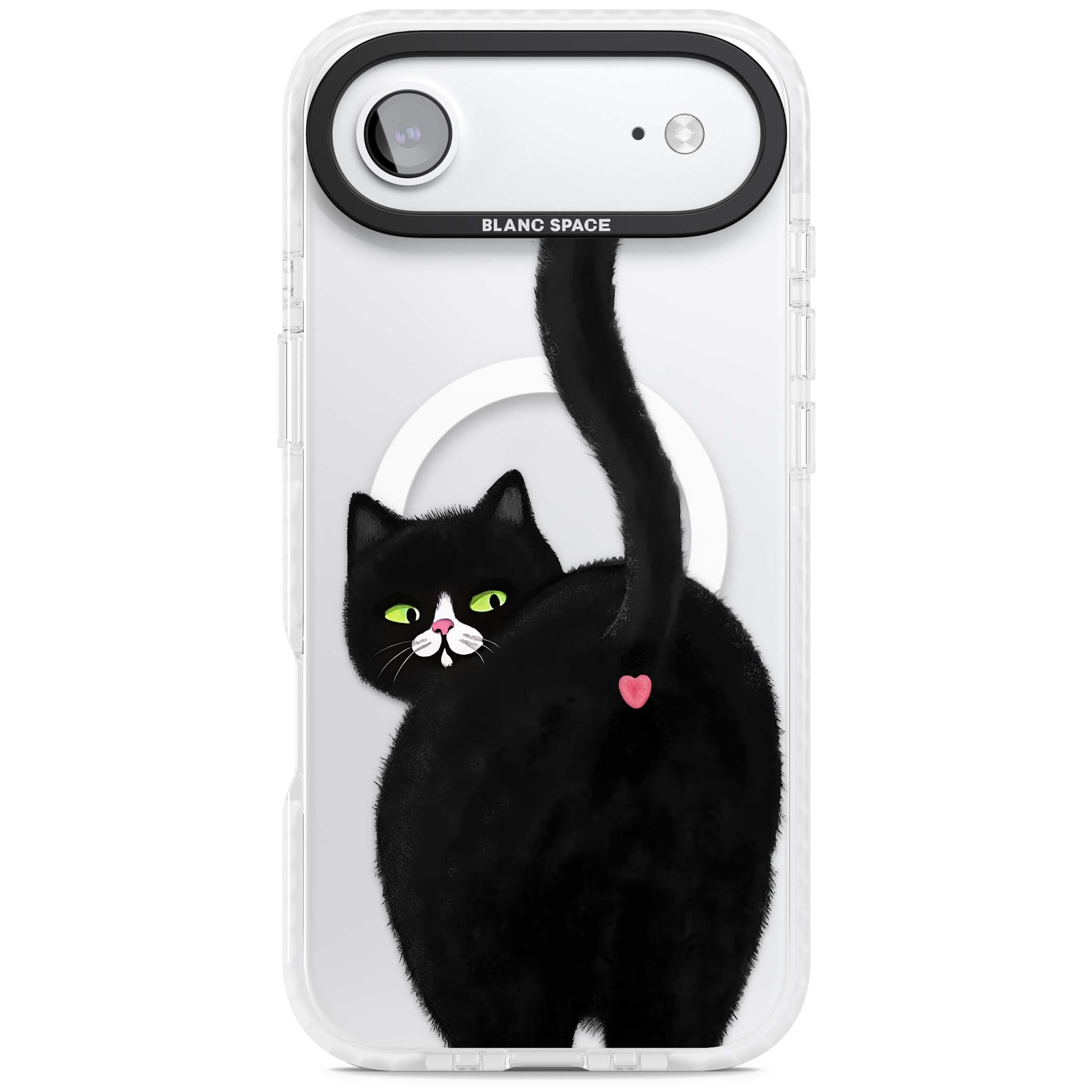 The Cat's Kiss cute cat iPhone case featuring a hand-painted tuxedo kitty with green eyes and a pink heart on a clear  | Impact Magsafe case for iPhone Air