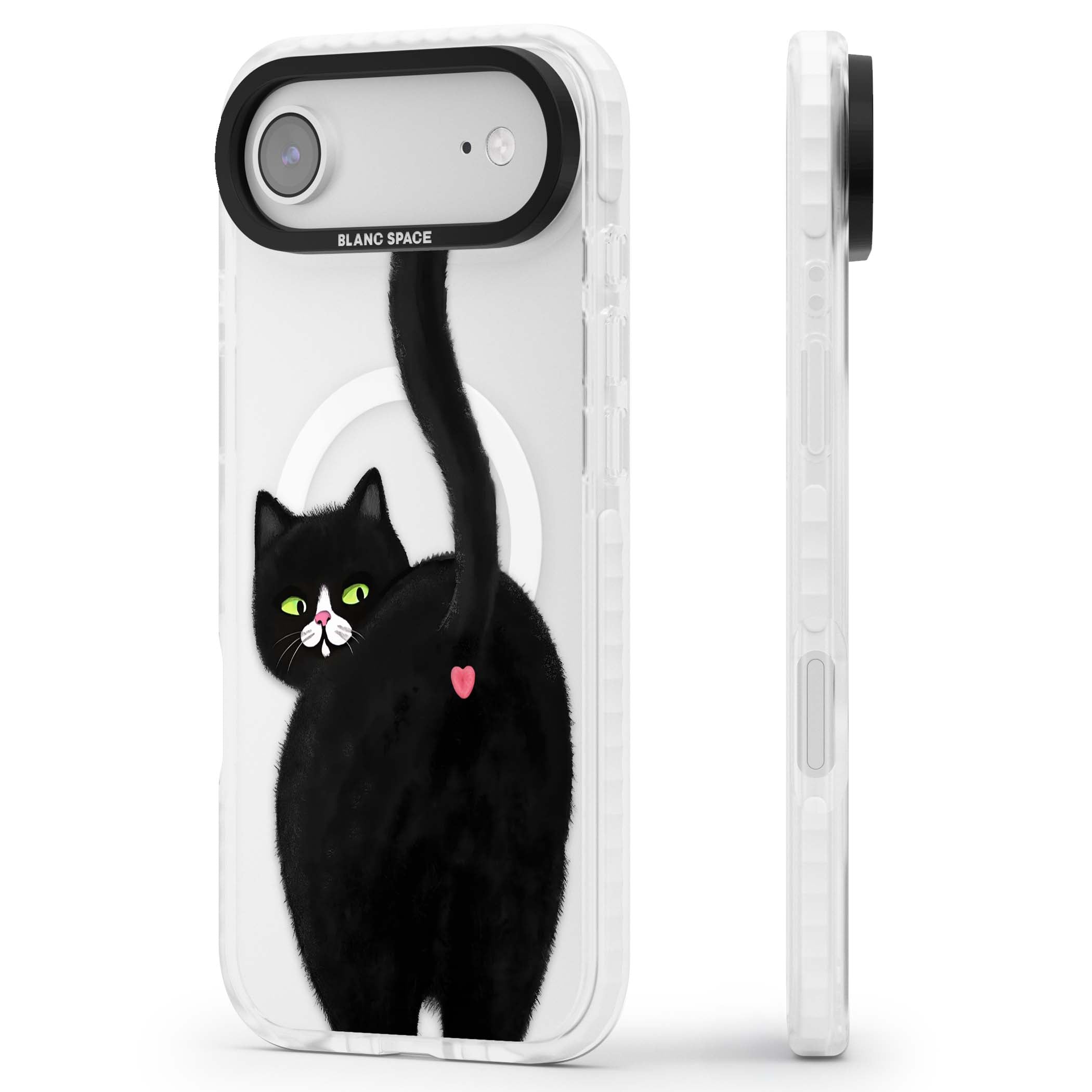 The Cat's Kiss cute cat iPhone case featuring a hand-painted tuxedo kitty with green eyes and a pink heart on a clear  | Impact Magsafe case for iPhone Air