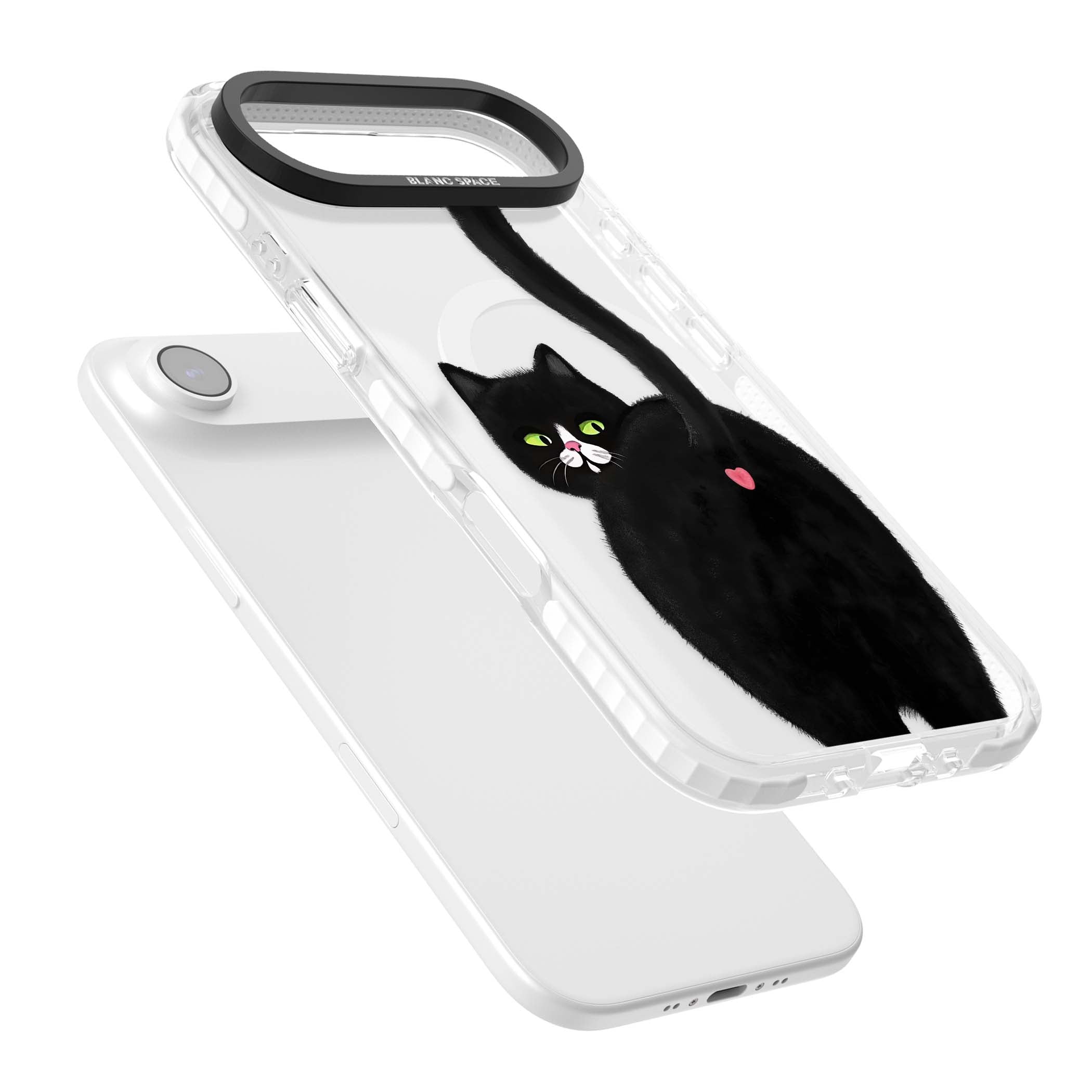 The Cat's Kiss cute cat iPhone case featuring a hand-painted tuxedo kitty with green eyes and a pink heart on a clear  | Impact Magsafe case for iPhone Air