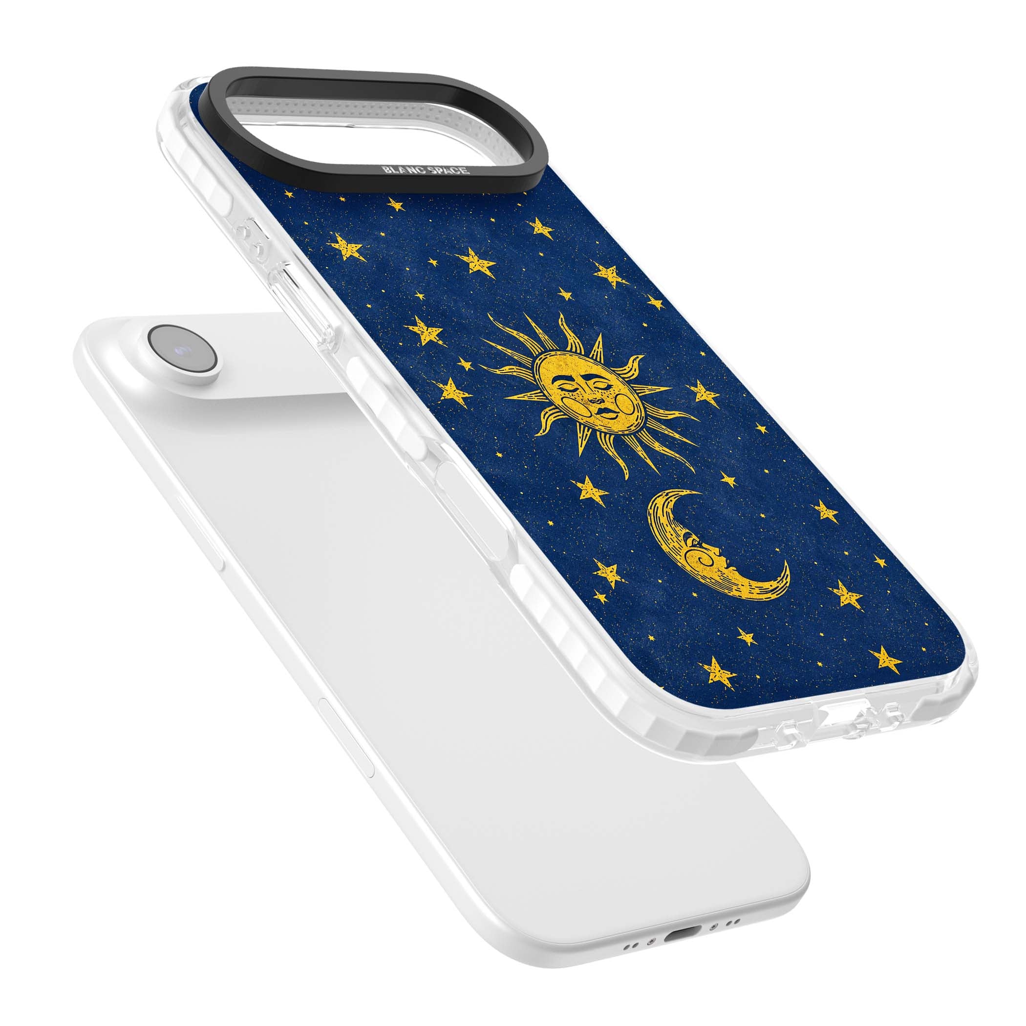 Sun & Moon Reverie celestial iPhone case featuring a vintage golden sun, crescent moon and scattered stars on midnight blue | Impact Magsafe case for iPhone Air