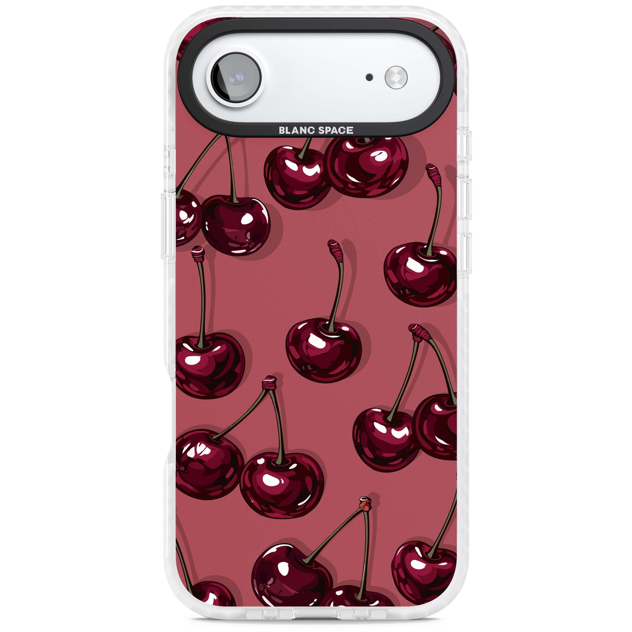 Cherry Rebel coquette iPhone case featuring glossy burgundy cherries on a dusty rose background | Impact Magsafe case for iPhone Air