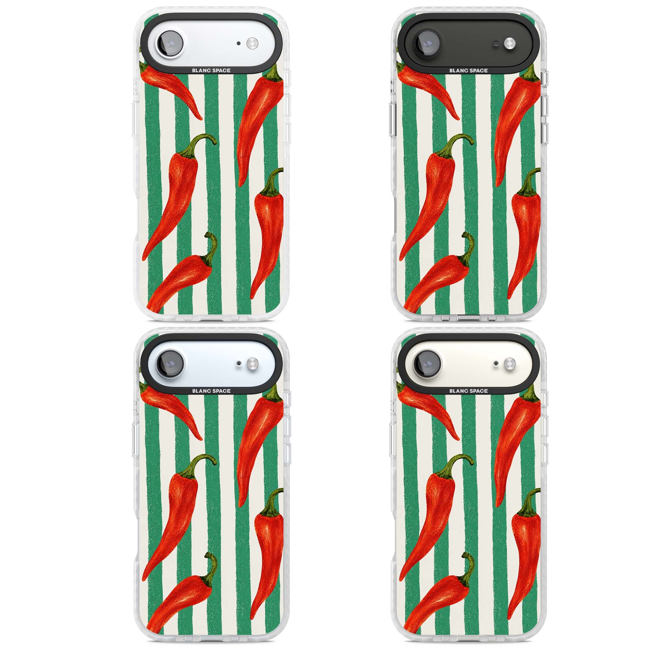 Striped Chillis coastal iPhone case featuring hand-painted red chili peppers on green and cream stripes | Impact Magsafe case for iPhone Air