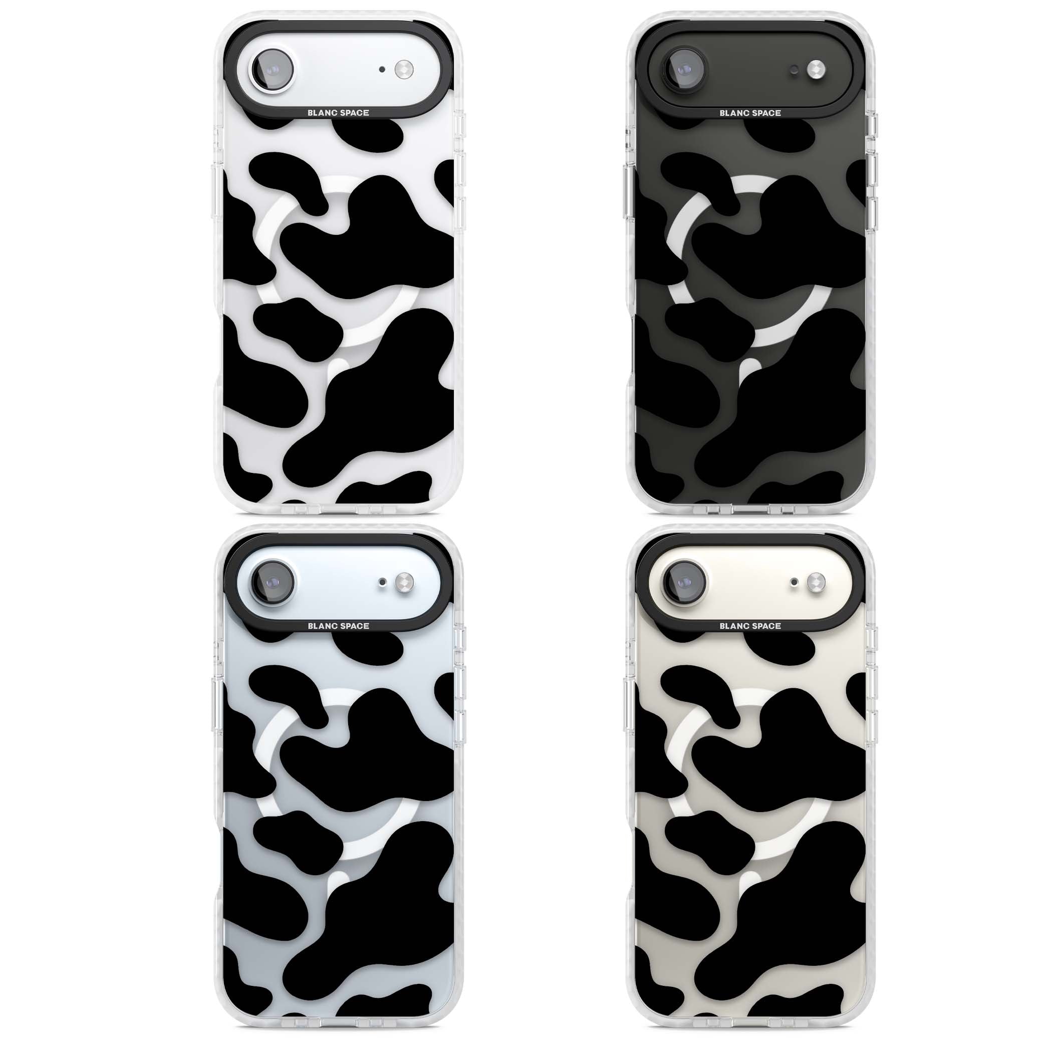Clear Cow Print cow print iPhone case featuring black and white cow pattern splotches on a clear background | Impact Magsafe case for iPhone Air