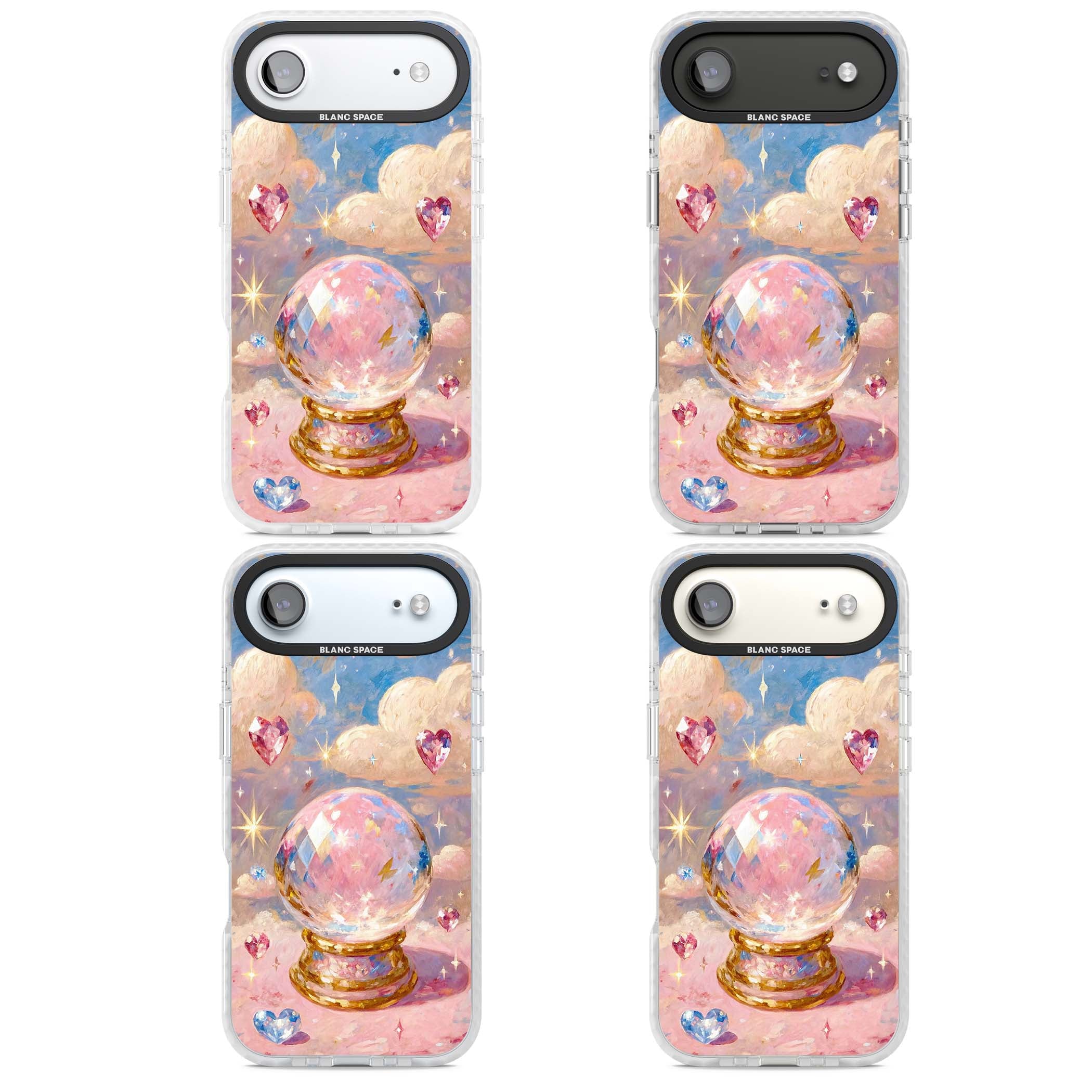 Crystal Ball fairycore iPhone case featuring a painted crystal ball, heart gemstones, and pastel clouds | Impact Magsafe case for iPhone Air