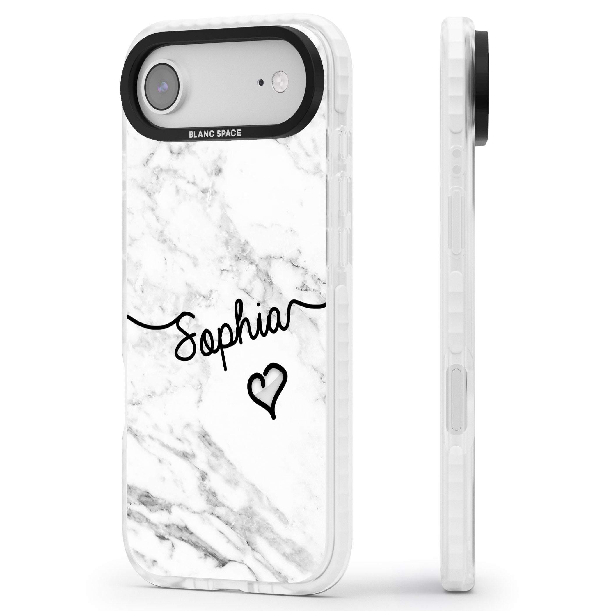 Personalised White Marble Heart iPhone 17 Air Impact Pro Clear Phone Case Side Profile