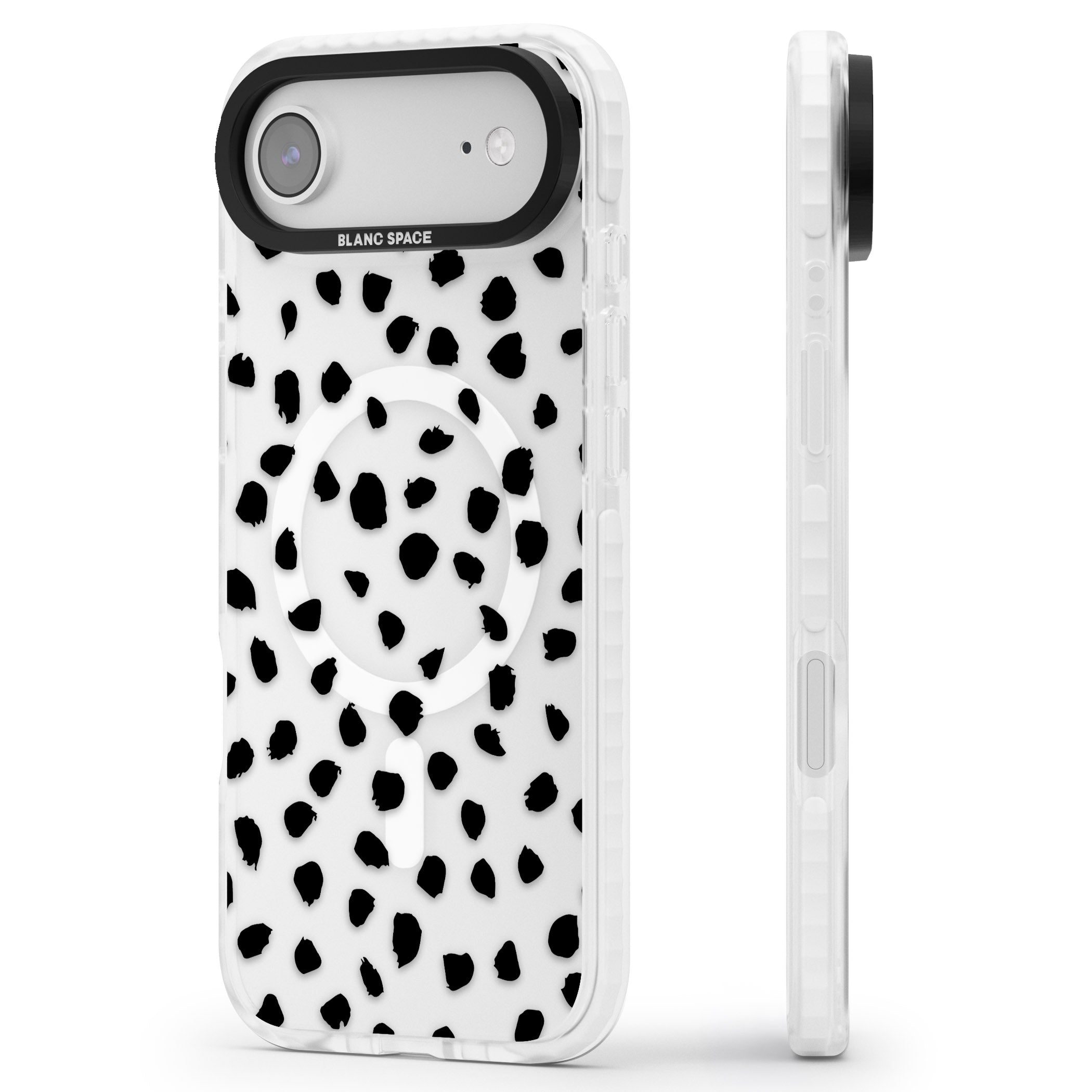 Black Dalmatian Polka Dot iPhone 17 Air Impact Pro Clear Phone Case Side Profile